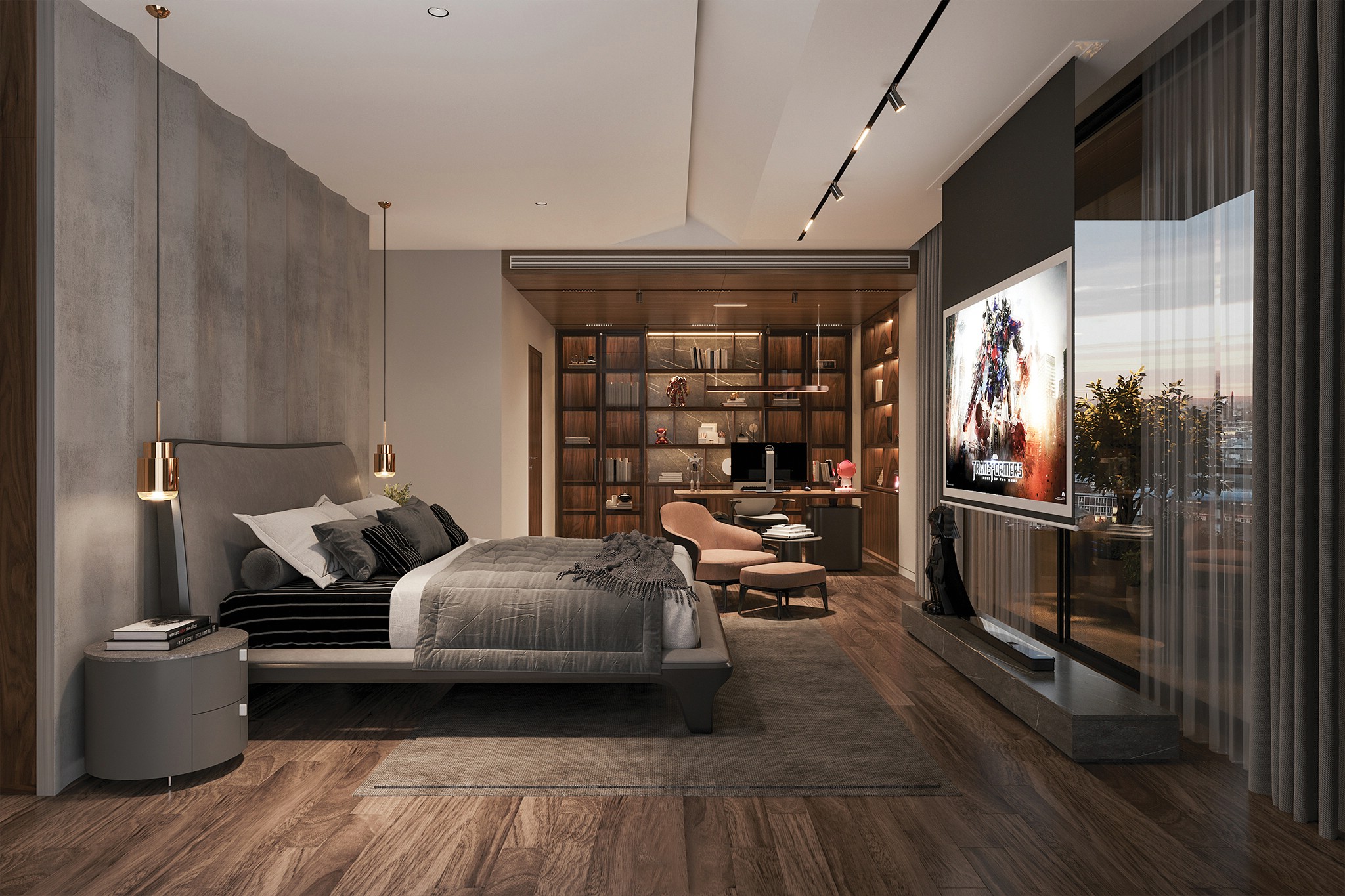 Thiết kế phòng ngủ thông minh với giường gỗ bọc nệm và kệ sách âm tường hiện đại