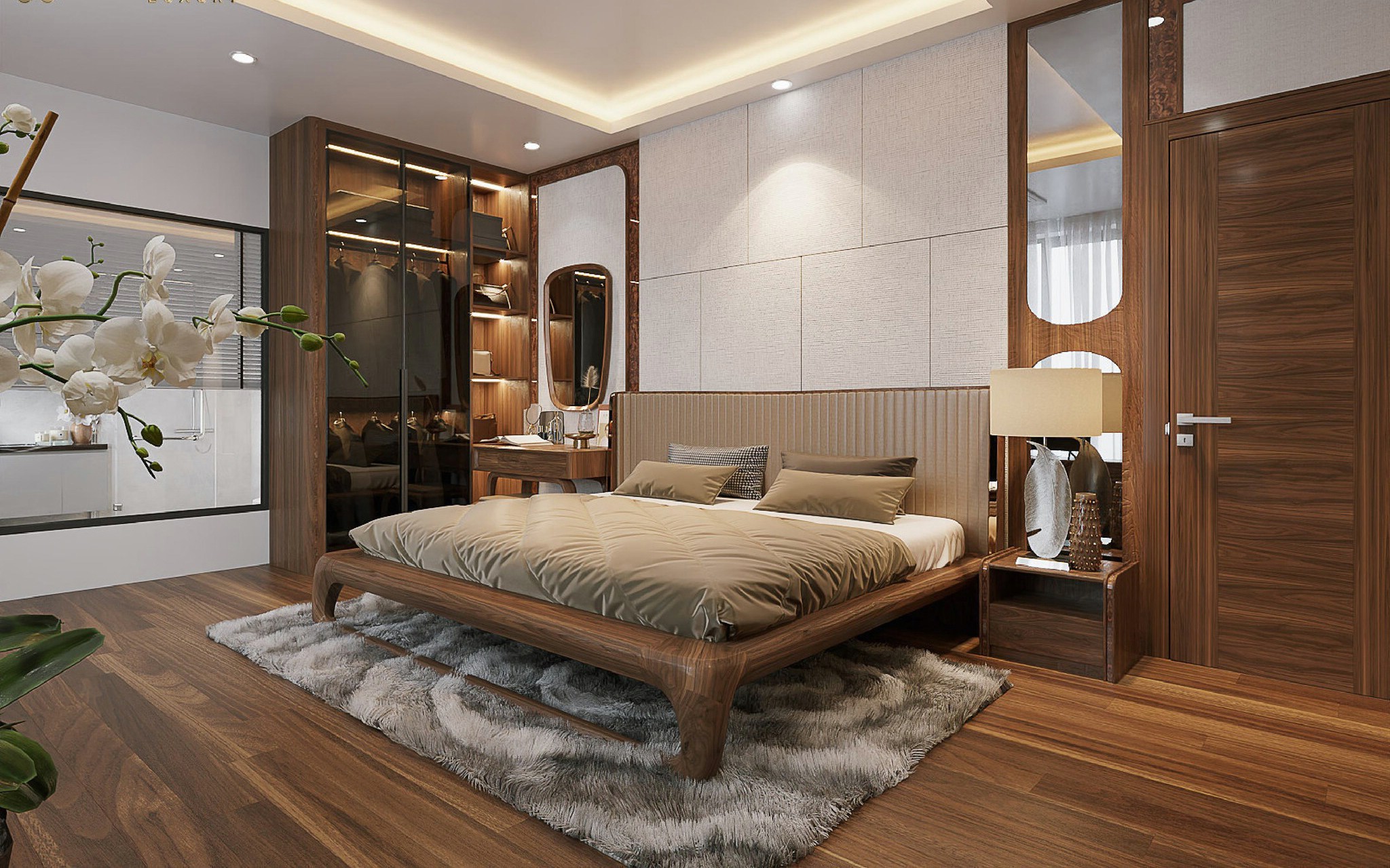 Thiết kế phòng ngủ tối giản với giường gỗ óc chó và tủ quần áo kính