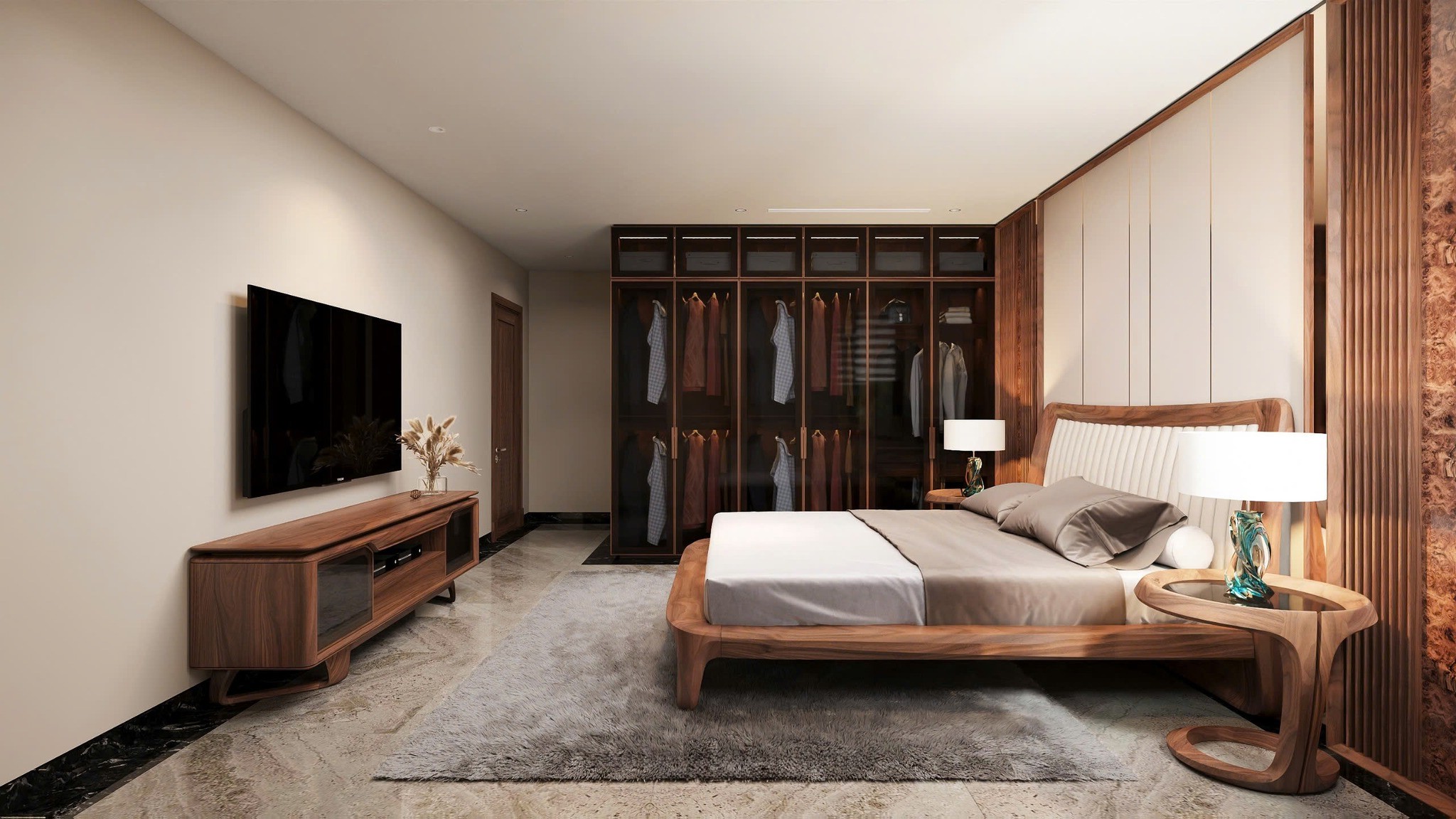 Thiết kế phòng ngủ hiện đại với tủ kính, giường gỗ nguyên khối và đầu giường bọc nỉ