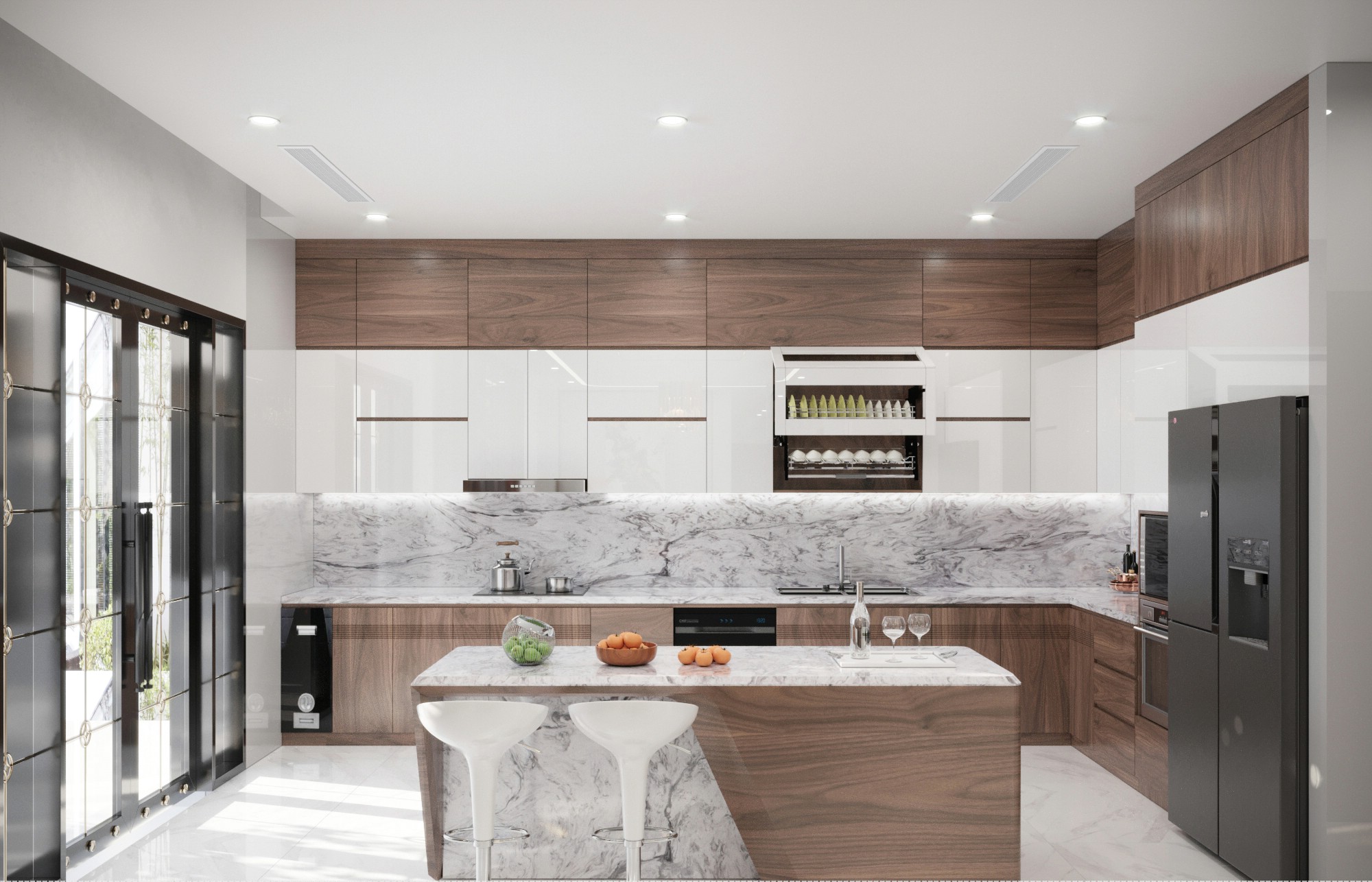 Thiết kế tủ bếp chữ L hiện đại gỗ óc chó và acrylic trắng