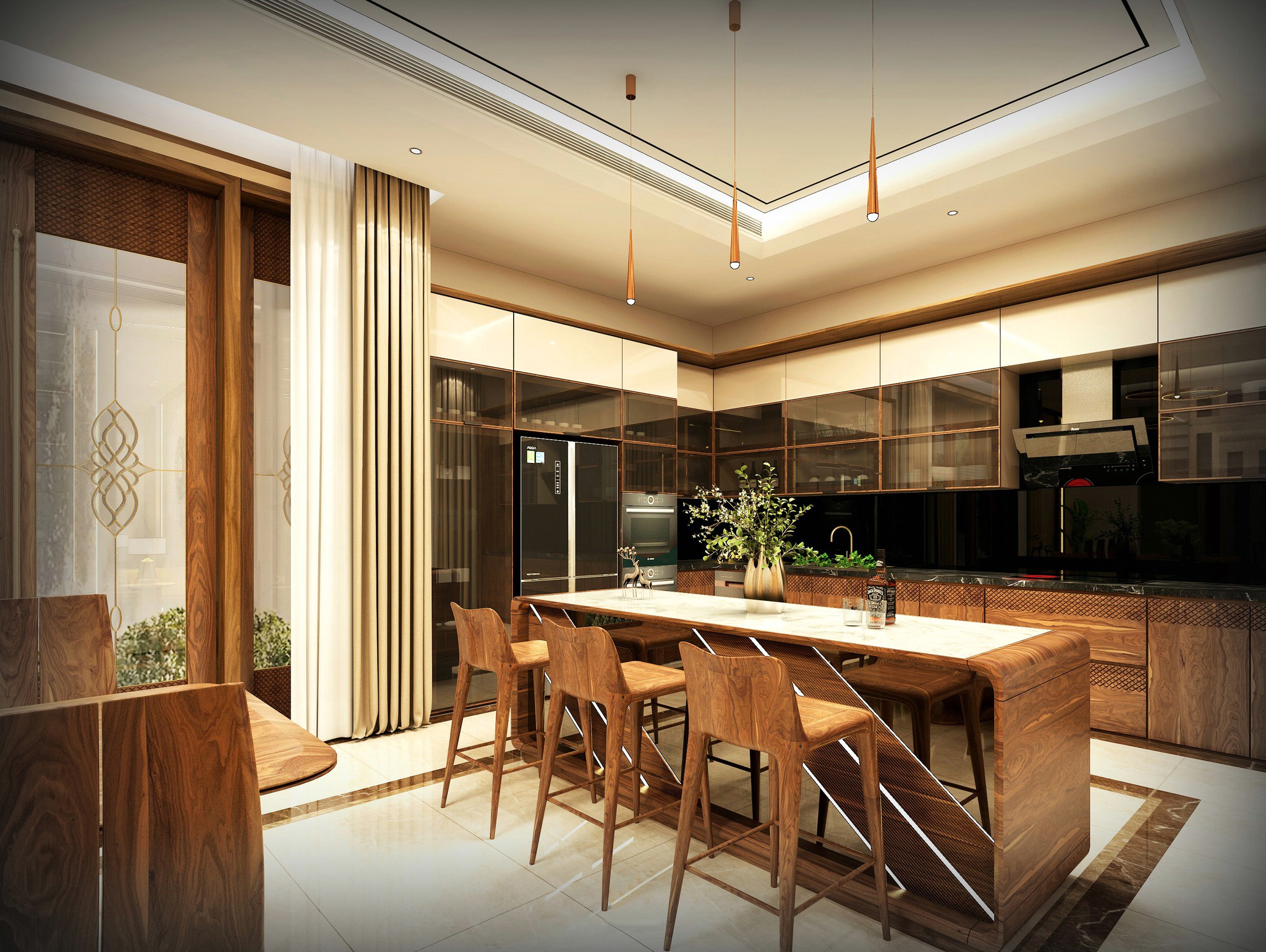 Thiết kế tủ bếp đẹp chữ L cao kịch trần với gỗ óc chó và acrylic trắng