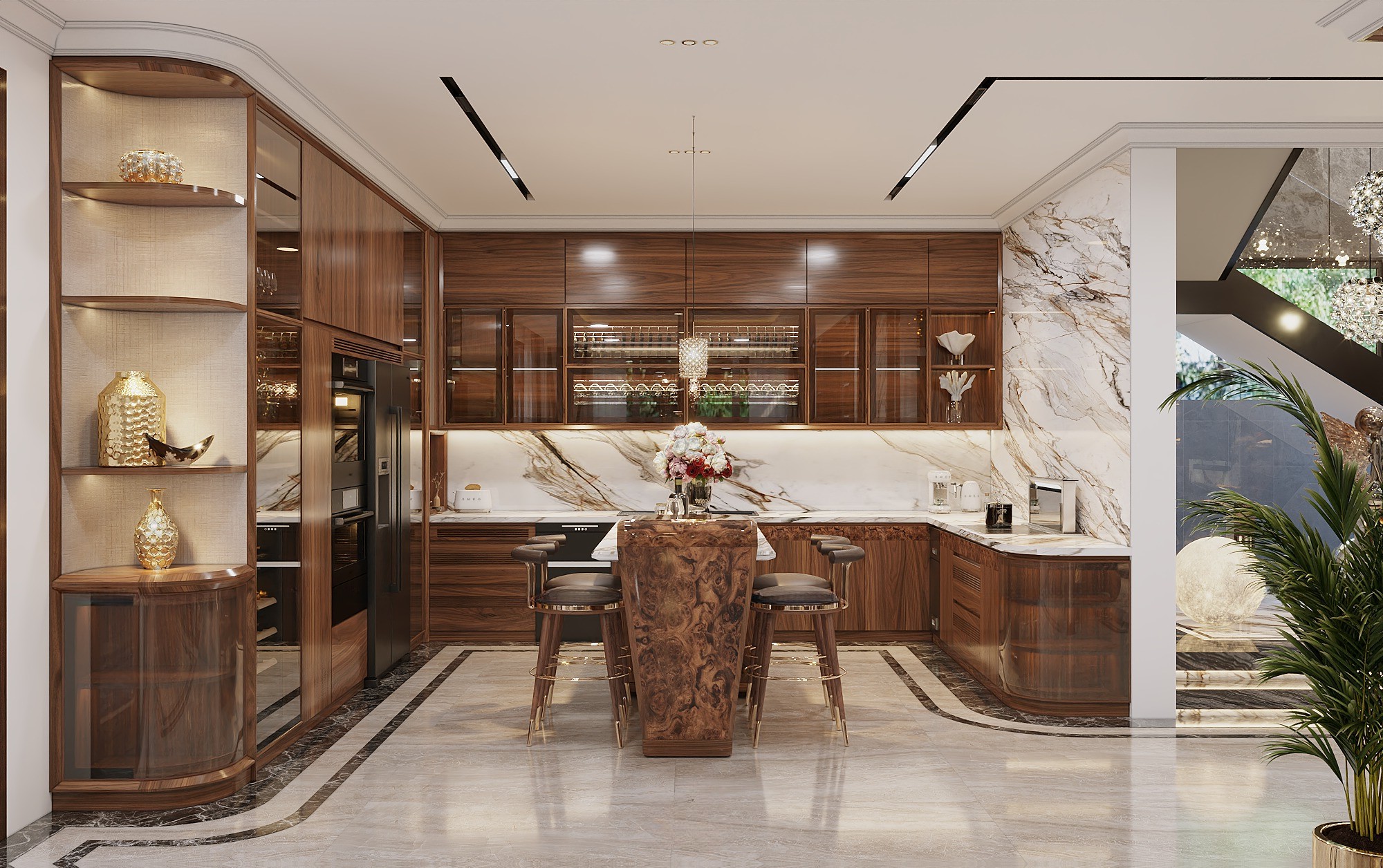 Thiết kế tủ bếp hiện đại chữ U gỗ tự nhiên với mặt bàn đá marble trắng long xám vàng