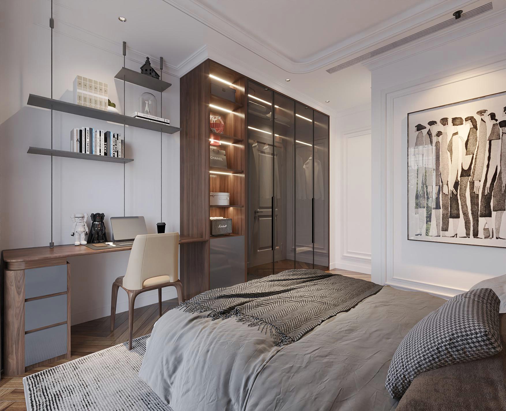 Thiết kế tủ quần áo chữ I cho phòng ngủ nhỏ với 4 cánh kính và kệ 5 tầng led liền bàn làm việc