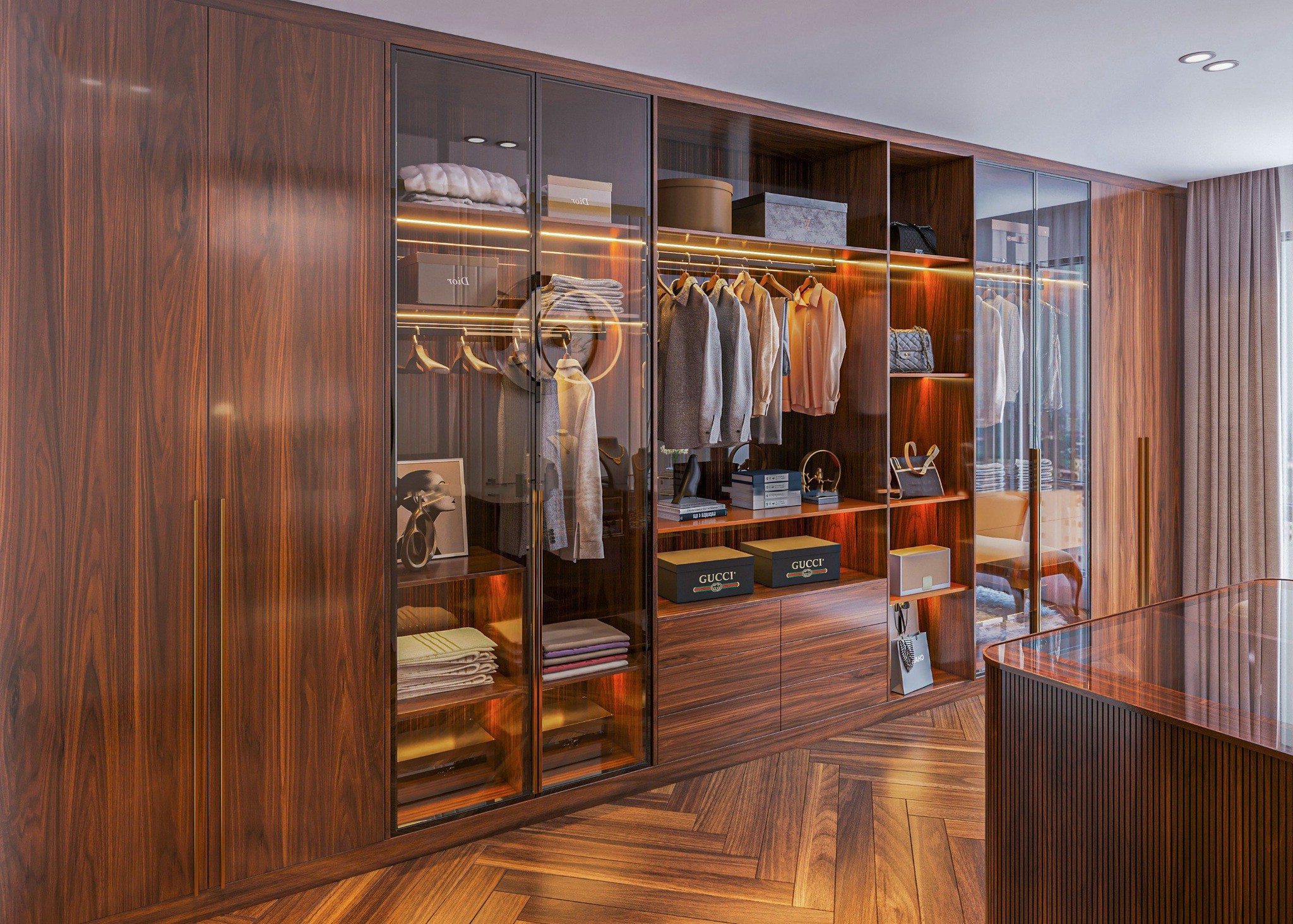 Thiết kế tủ quần áo hiện đại kết hợp gỗ MDF và kính cường lực