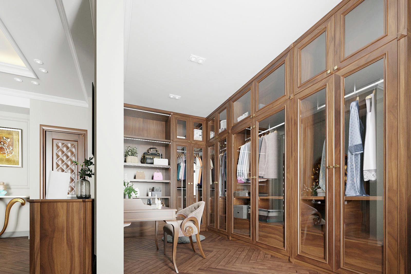 Thiết kế tủ quần áo thông minh chữ L âm tường cao kịch trần với kệ trưng bày túi xách