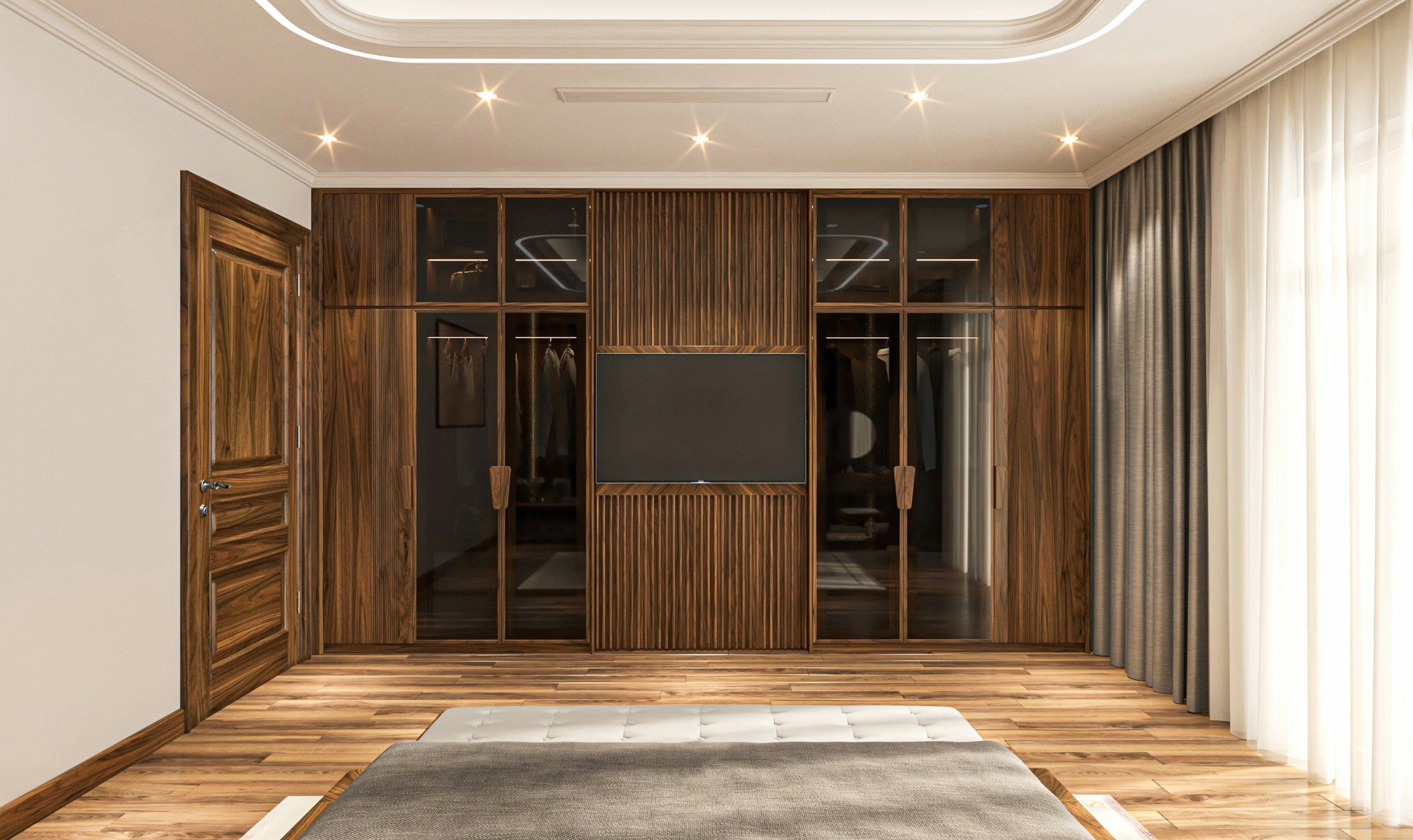 Thiết kế tủ quần áo trong phòng ngủ gỗ tần bì âm tường