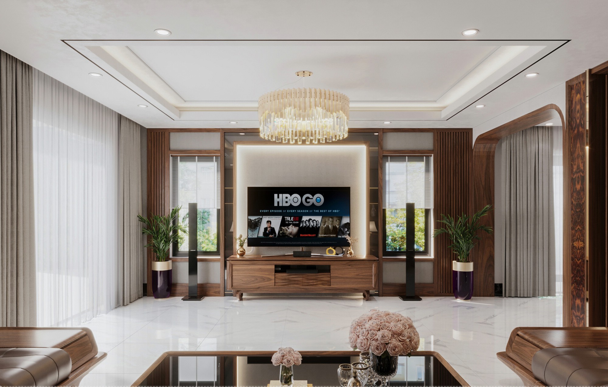 Trang trí kệ tivi phòng khách đẹp gọn gàng