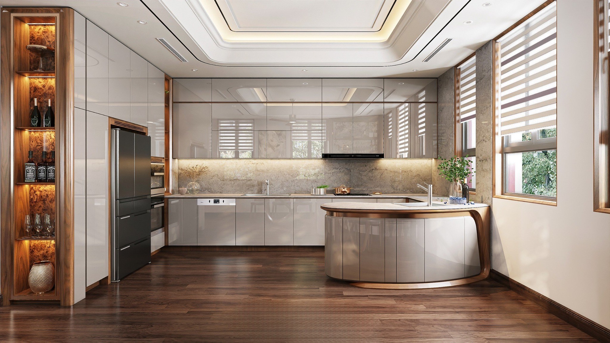 Tủ bếp cánh acrylic chữ U hiện đại với bàn đảo vòm cung và kệ rượu veneer nu Tủ bếp cánh acrylic chữ U hiện đại với bàn đảo vòm cung và kệ rượu veneer nu