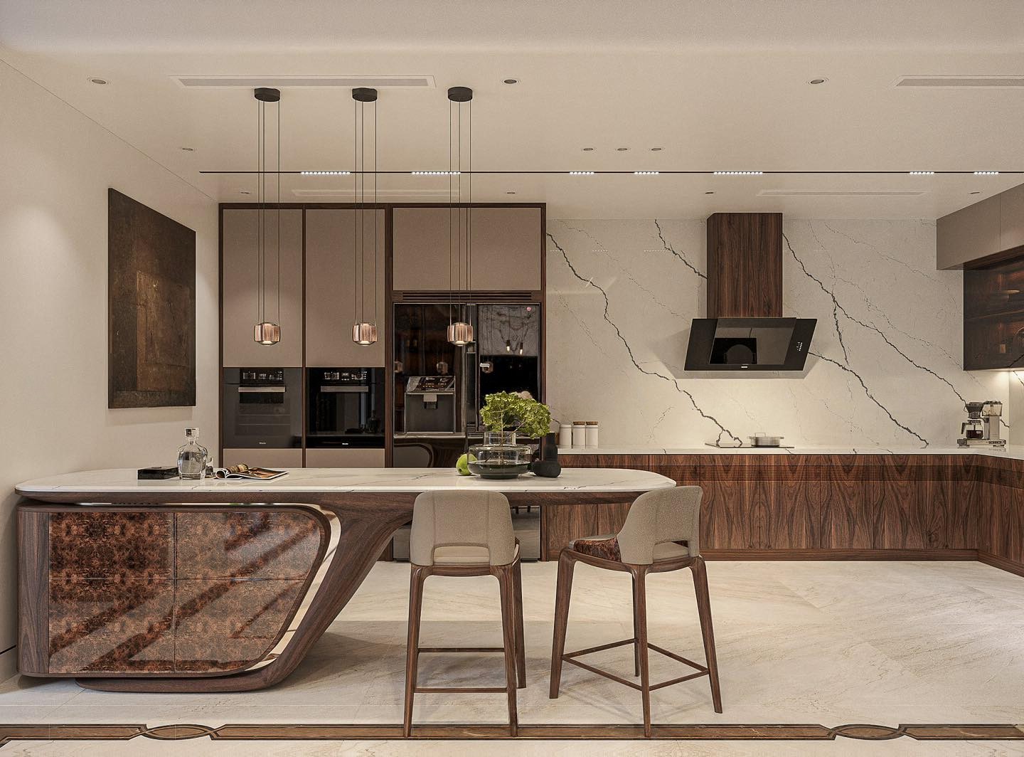 Tủ bếp cao cấp gỗ sồi Mỹ chữ L cánh CNC lam gỗ