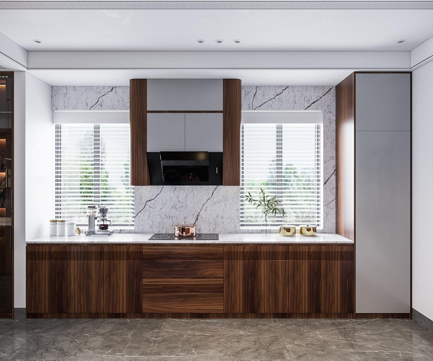 Tủ bếp chữ I gỗ tự nhiên nhỏ gọn với cánh acrylic trắng và mặt đá granite vân loang