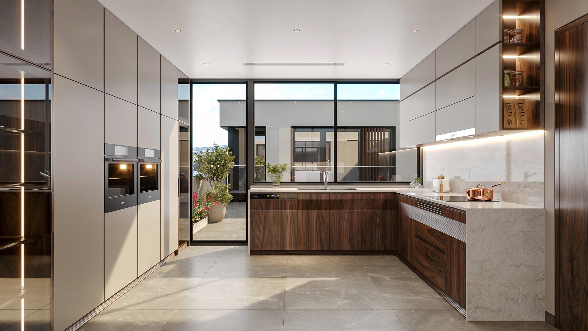 Tủ bếp chữ L đẹp hiện đại với acrylic trắng và laminate nâu đậm