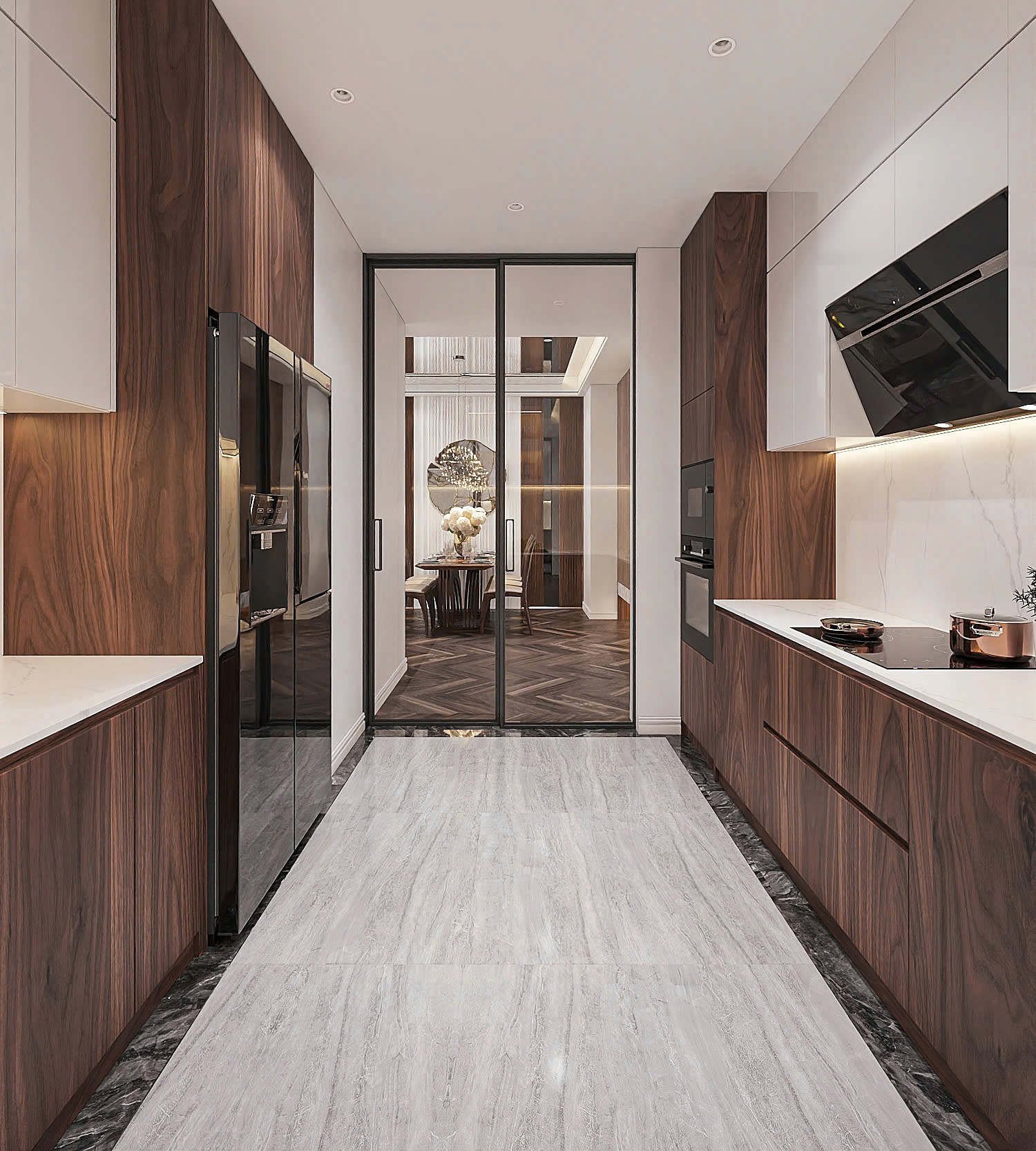 Tủ bếp chung cư chữ I veneer óc chó cánh Acrylic trắng bóng