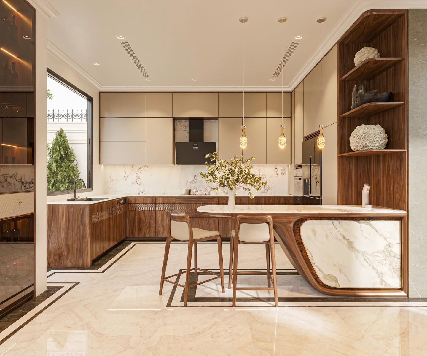 Tủ bếp đẹp hiện đại chữ U với bàn bar và hệ cánh acrylic trắng