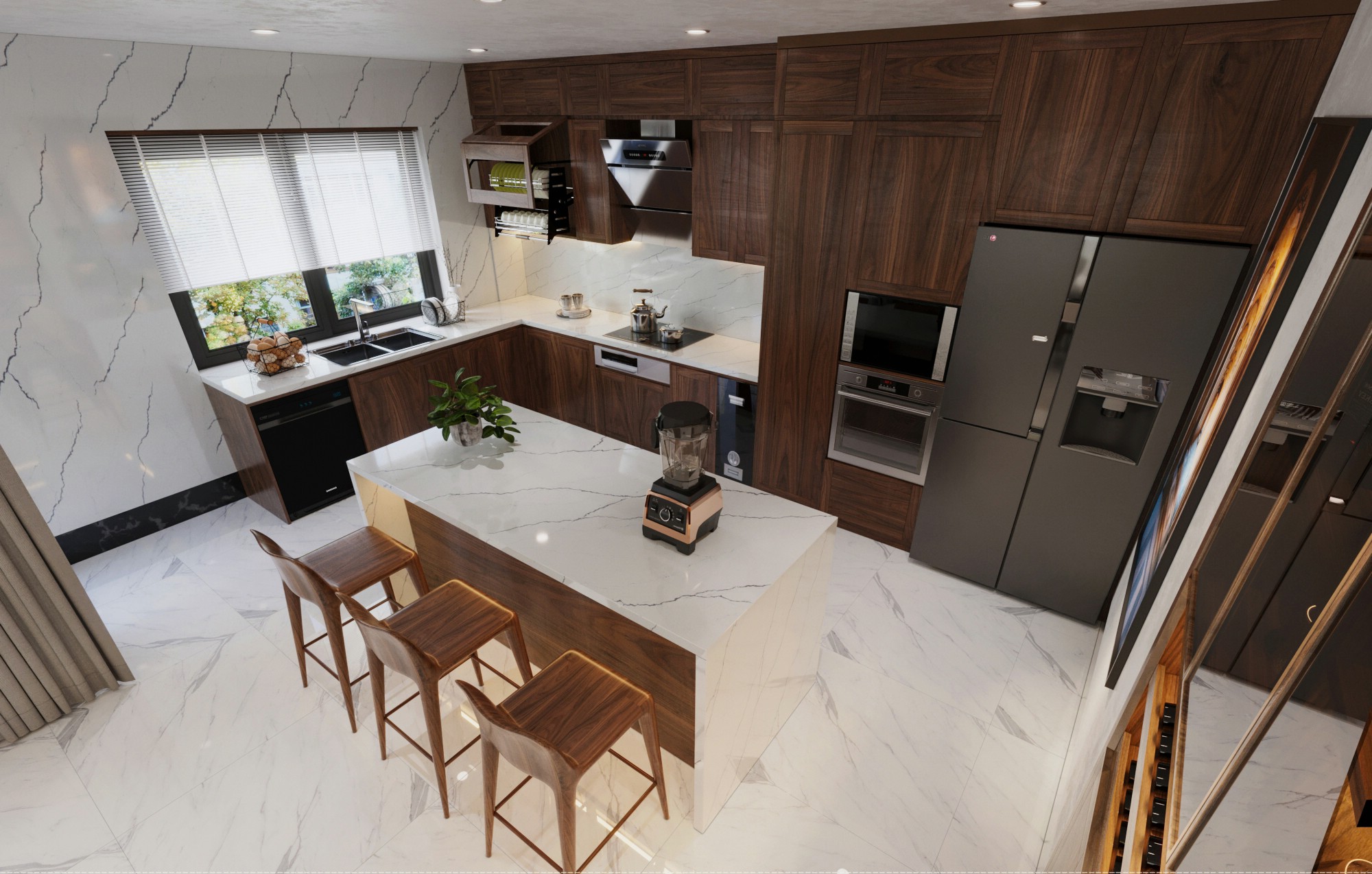 Tủ bếp gỗ óc chó đẹp hiện đại chữ L