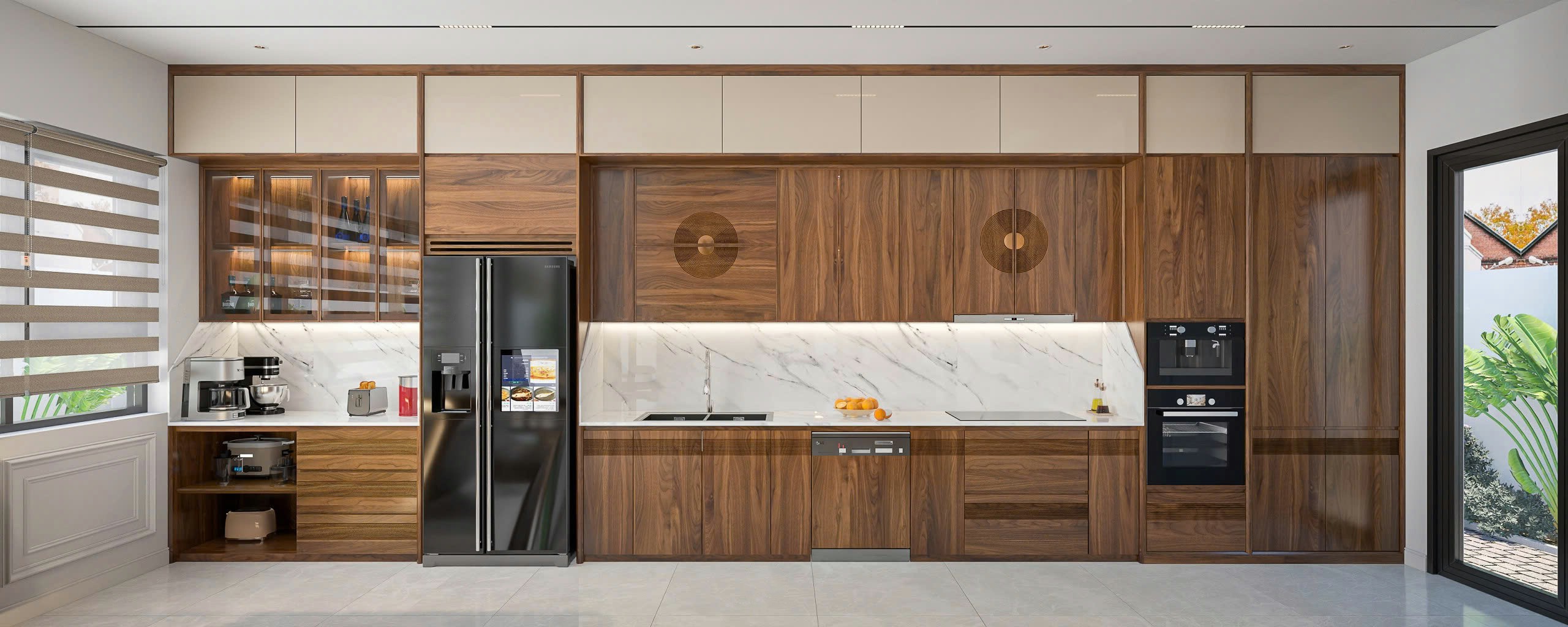 Tủ bếp gỗ óc chó tự nhiên chữ I hiện đại với thiết kế cao cấp và bền đẹp