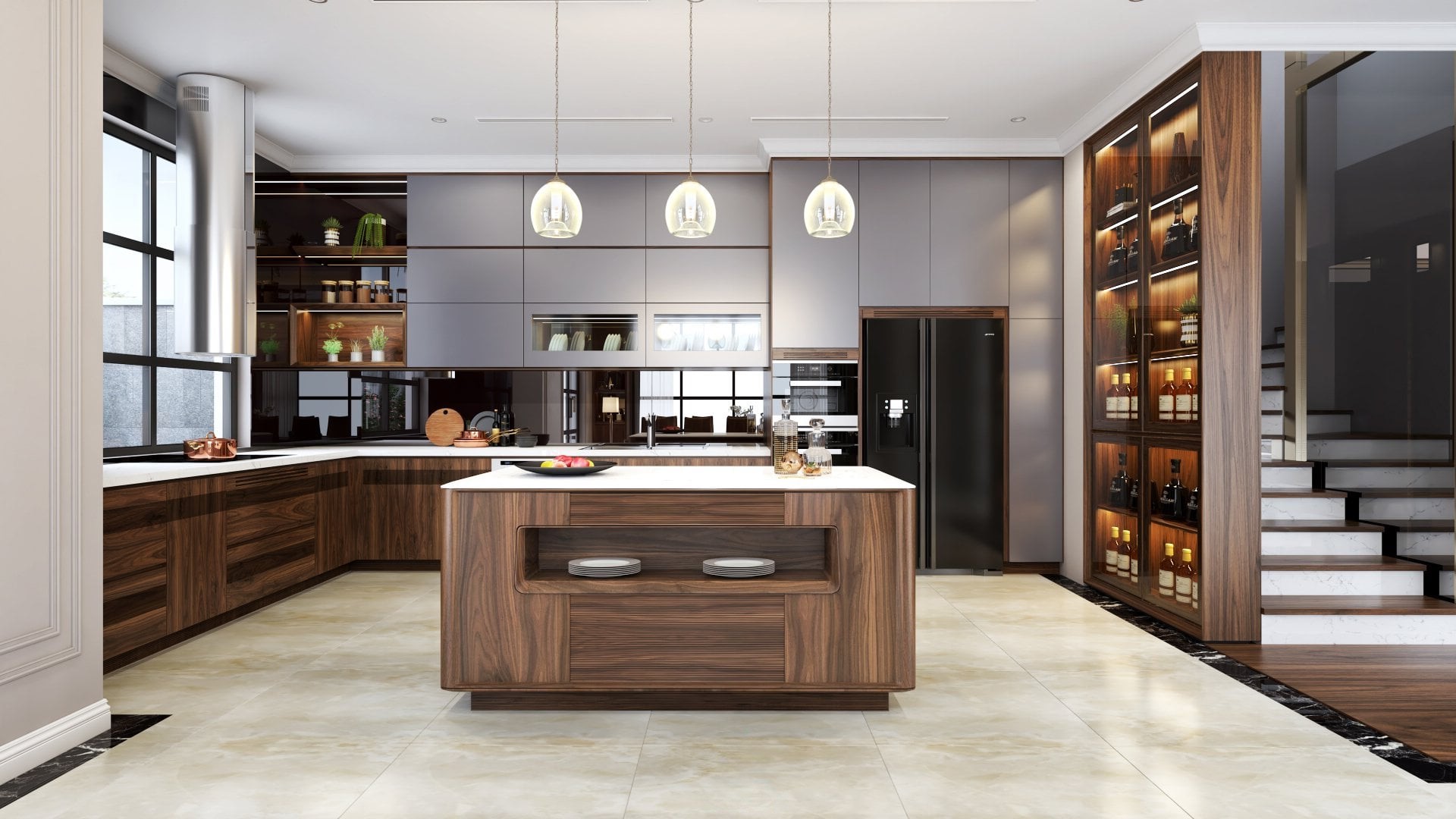 Tủ bếp gỗ óc chó hiện đại với cánh dưới gỗ tự nhiên, cánh trên Laminate bóng mờ