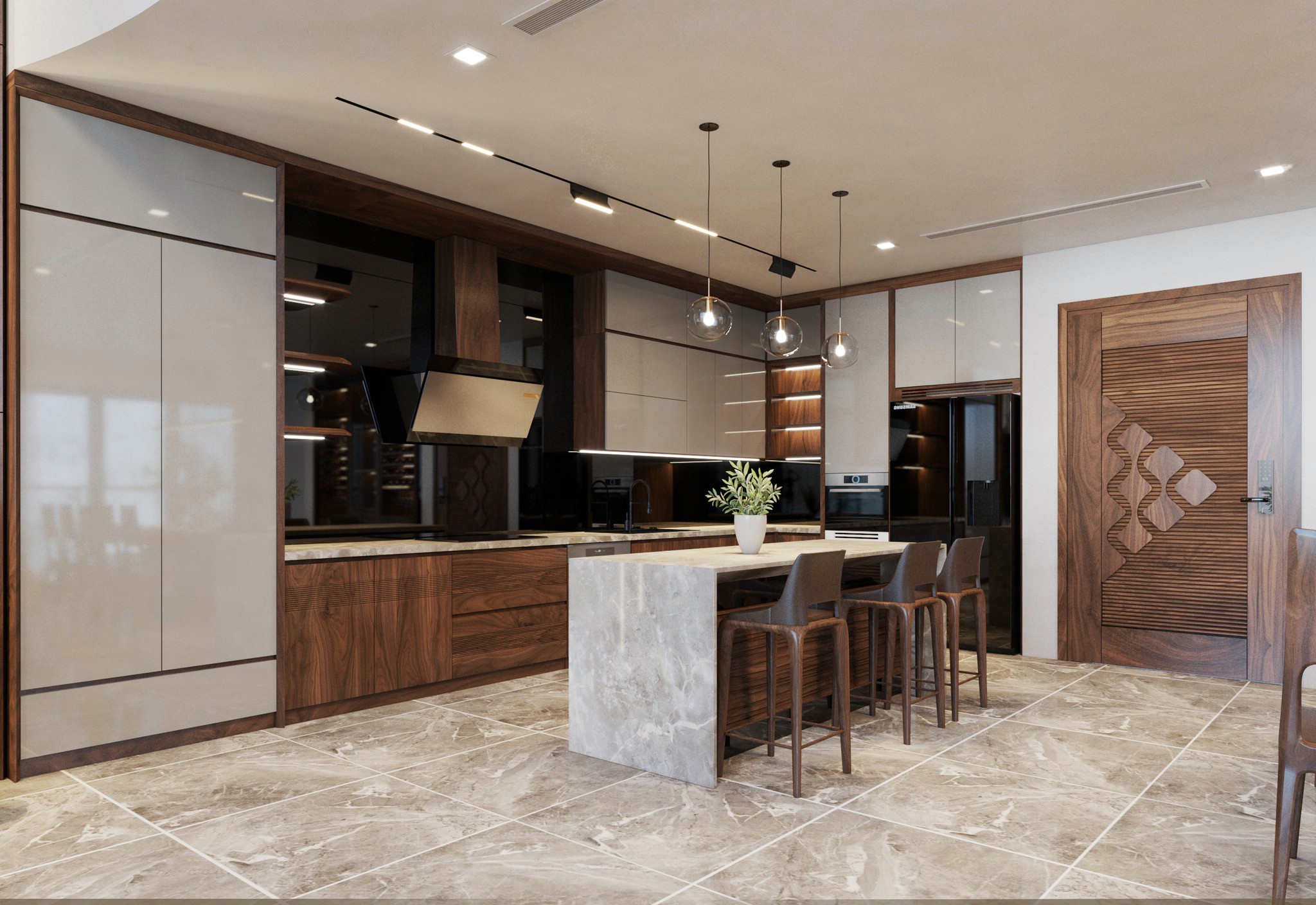 Tủ bếp thông minh hiện đại chữ L với mặt cánh acrylic và tường kính đen