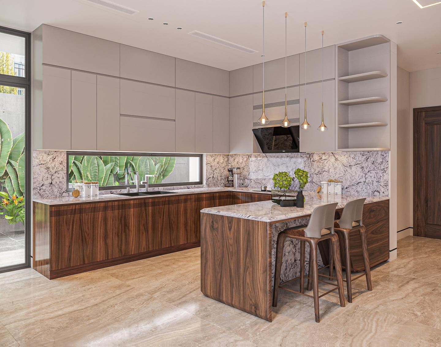 Tủ bếp chữ U hiện đại gỗ veneer phối đá marble trắng xám