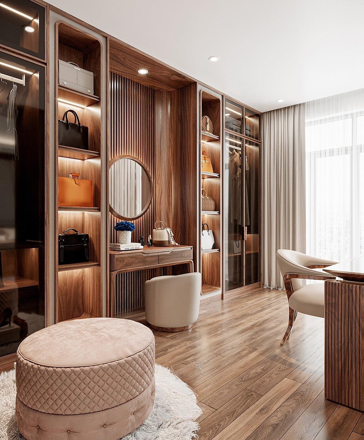 Tủ kèm bàn trang điểm phòng ngủ gỗ óc chó cao kịch trần