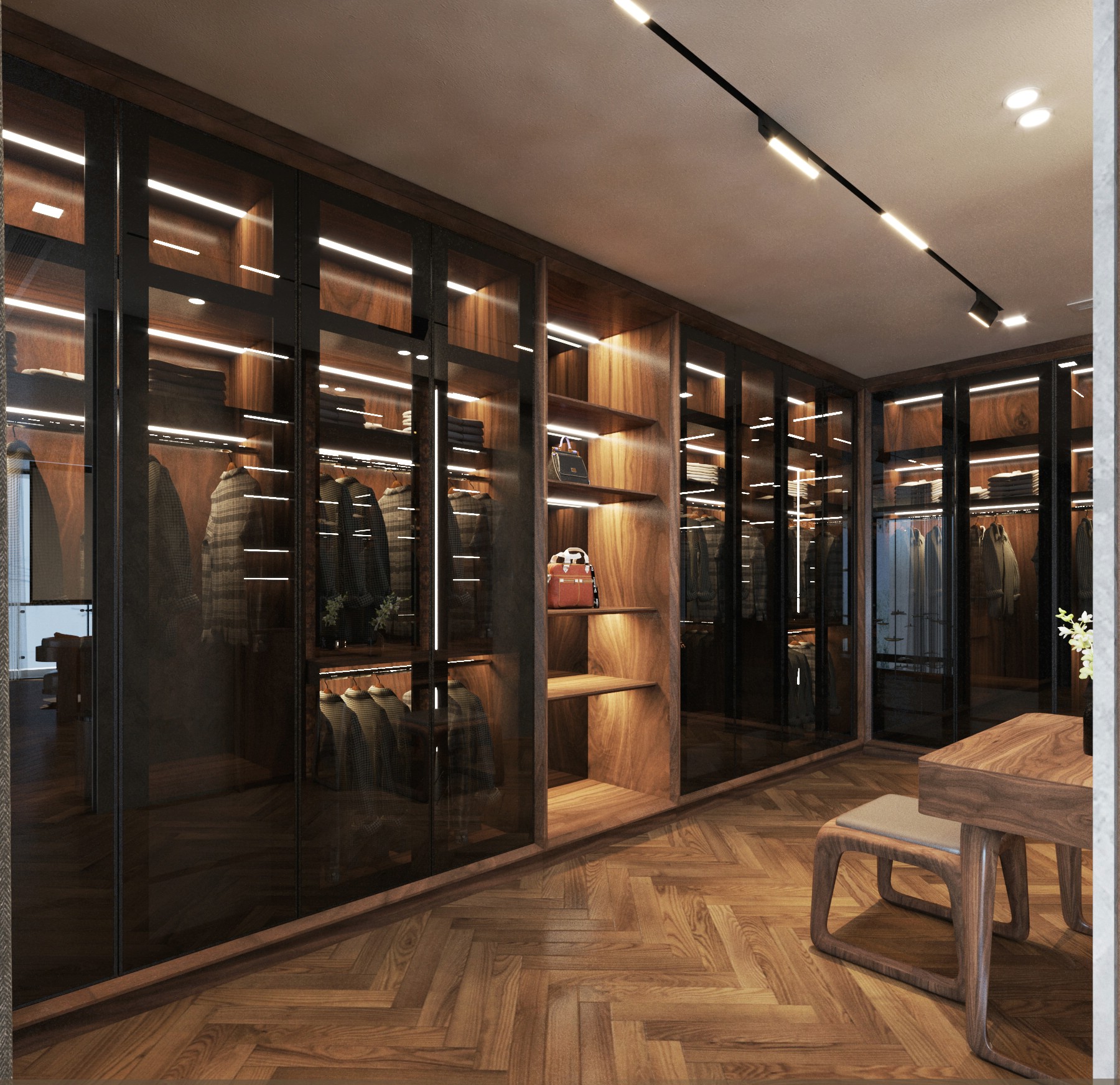 Tủ quần áo cao cấp chữ L gỗ óc chó với cánh kính và đèn led âm tủ