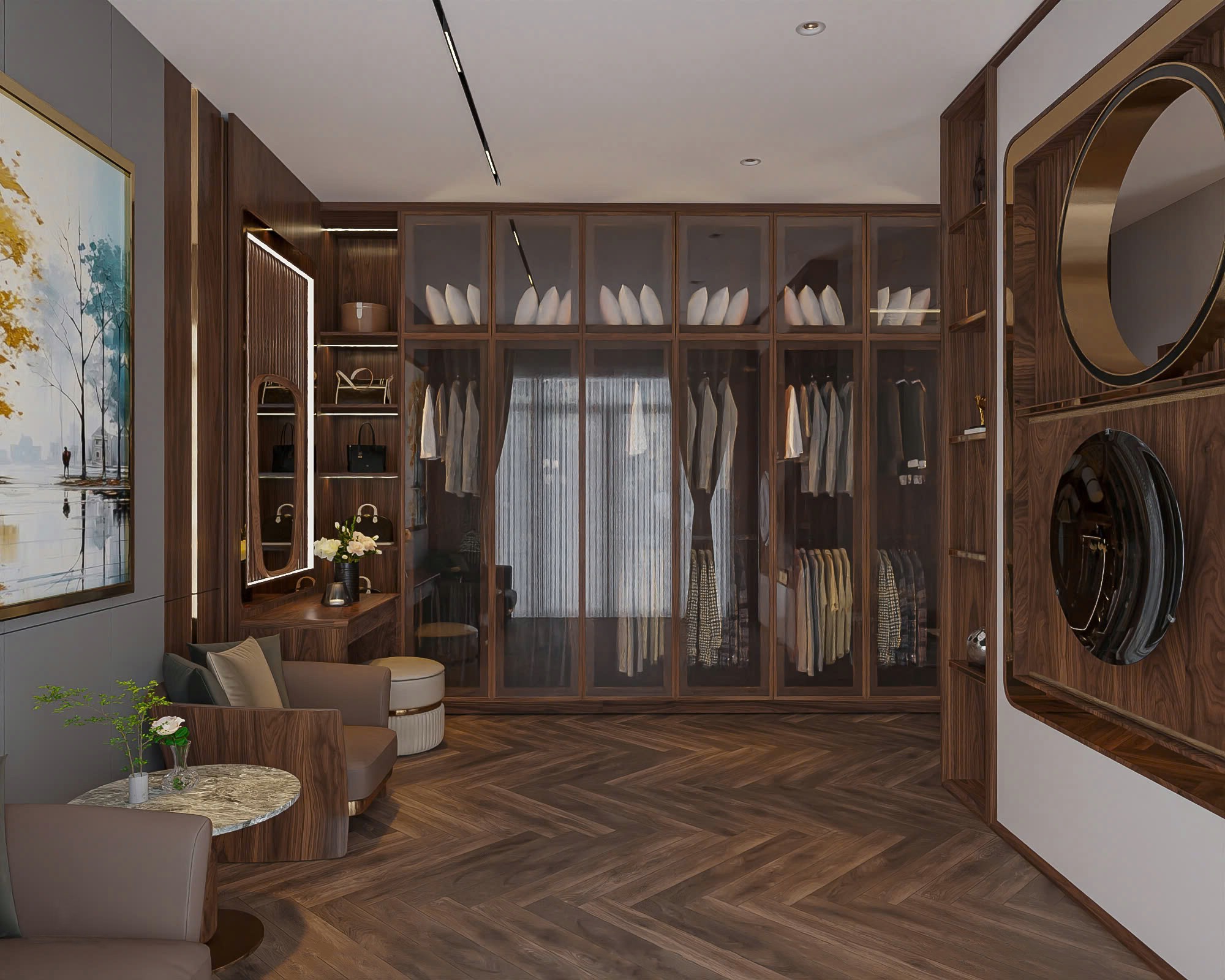 Tủ quần áo đẹp hiện đại chữ I cao kịch trần cánh kính sang trọng