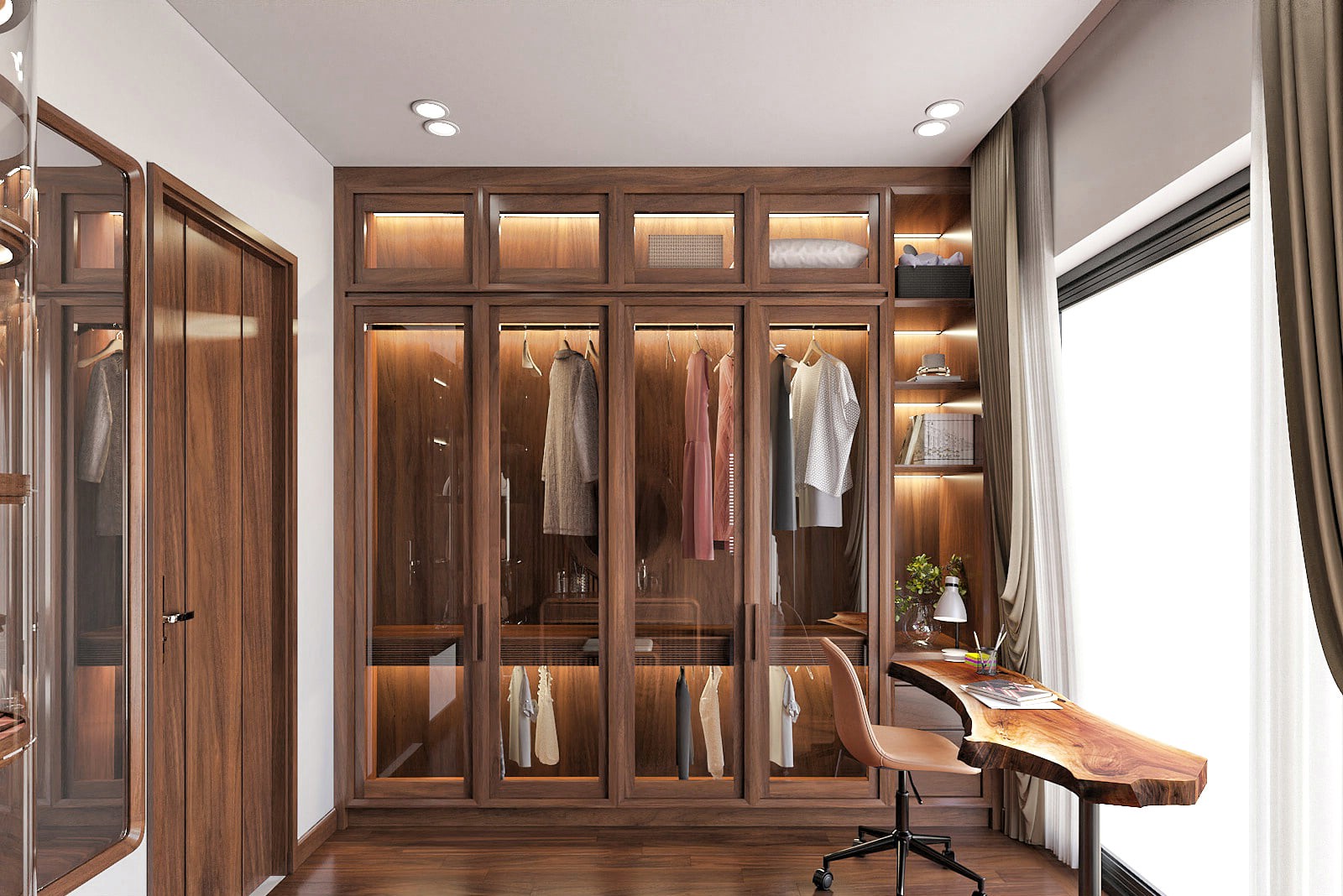 Tủ quần áo gỗ đẹp chữ I cao kịch trần với cánh kính và đèn led âm tủ