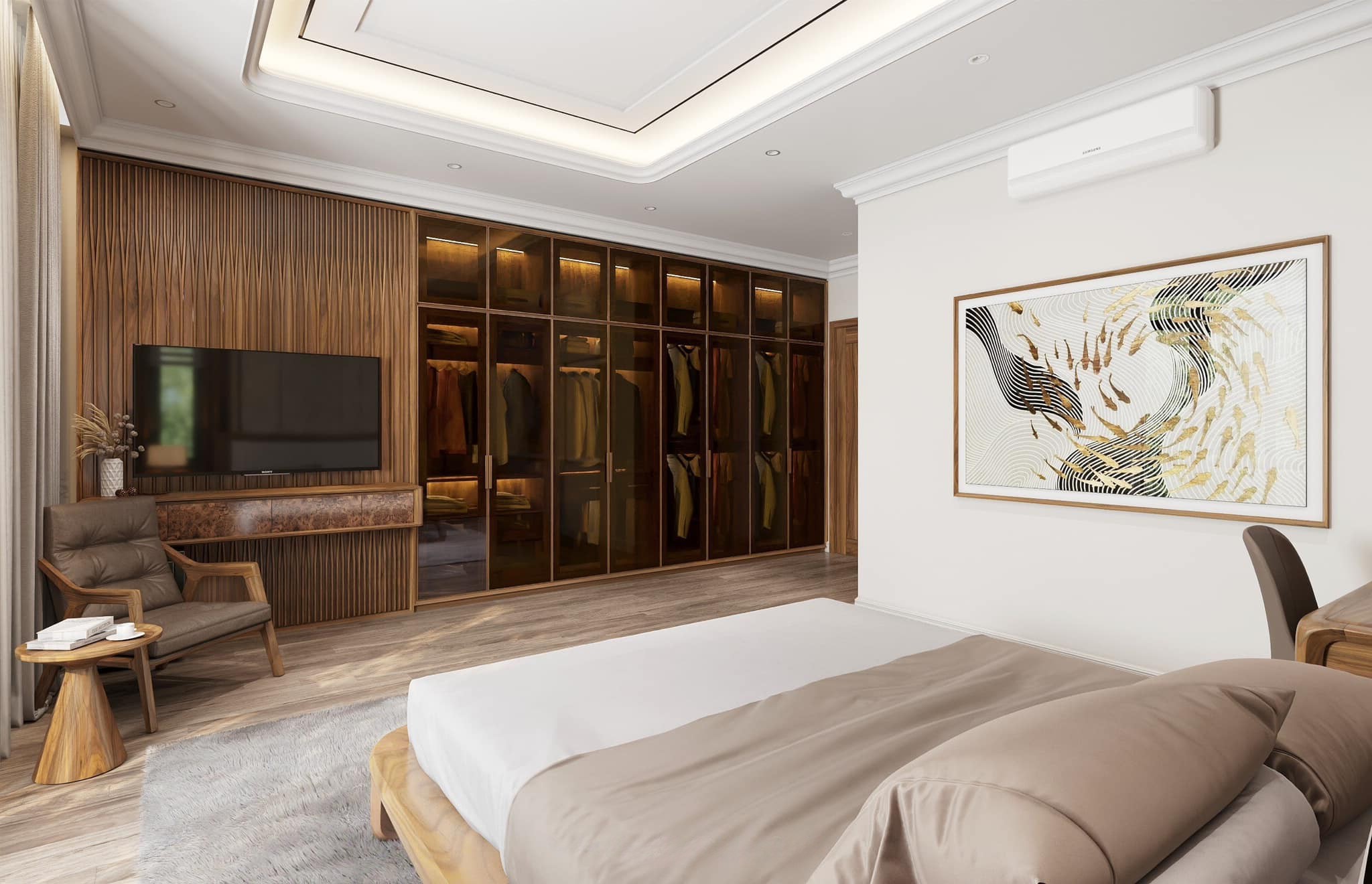 Tủ quần áo gỗ hiện đại cánh kính cường lực trong suốt với đèn led âm tủ