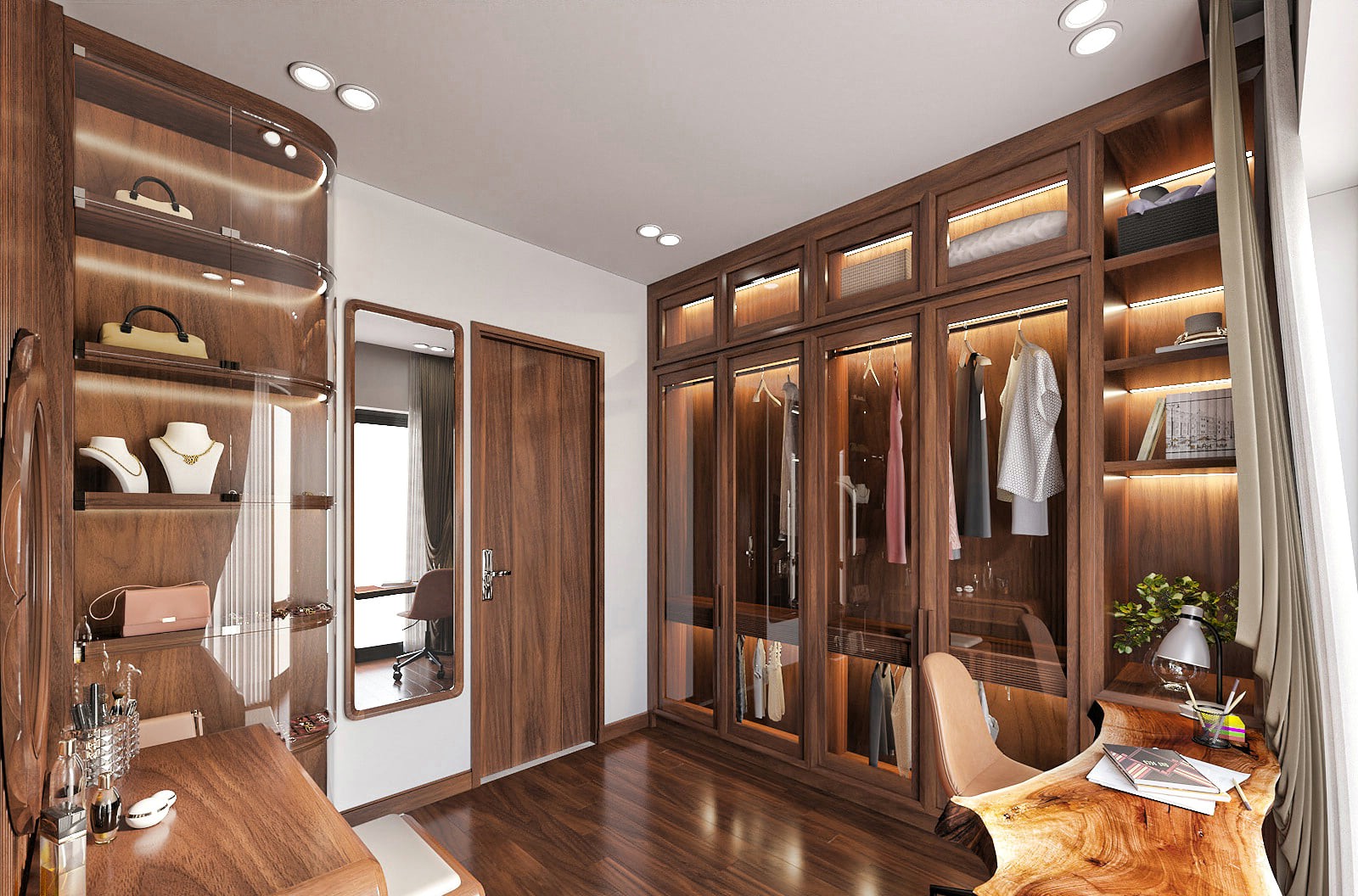 Tủ quần áo gỗ tự nhiên cao cấp gỗ óc chó âm tường cánh kính