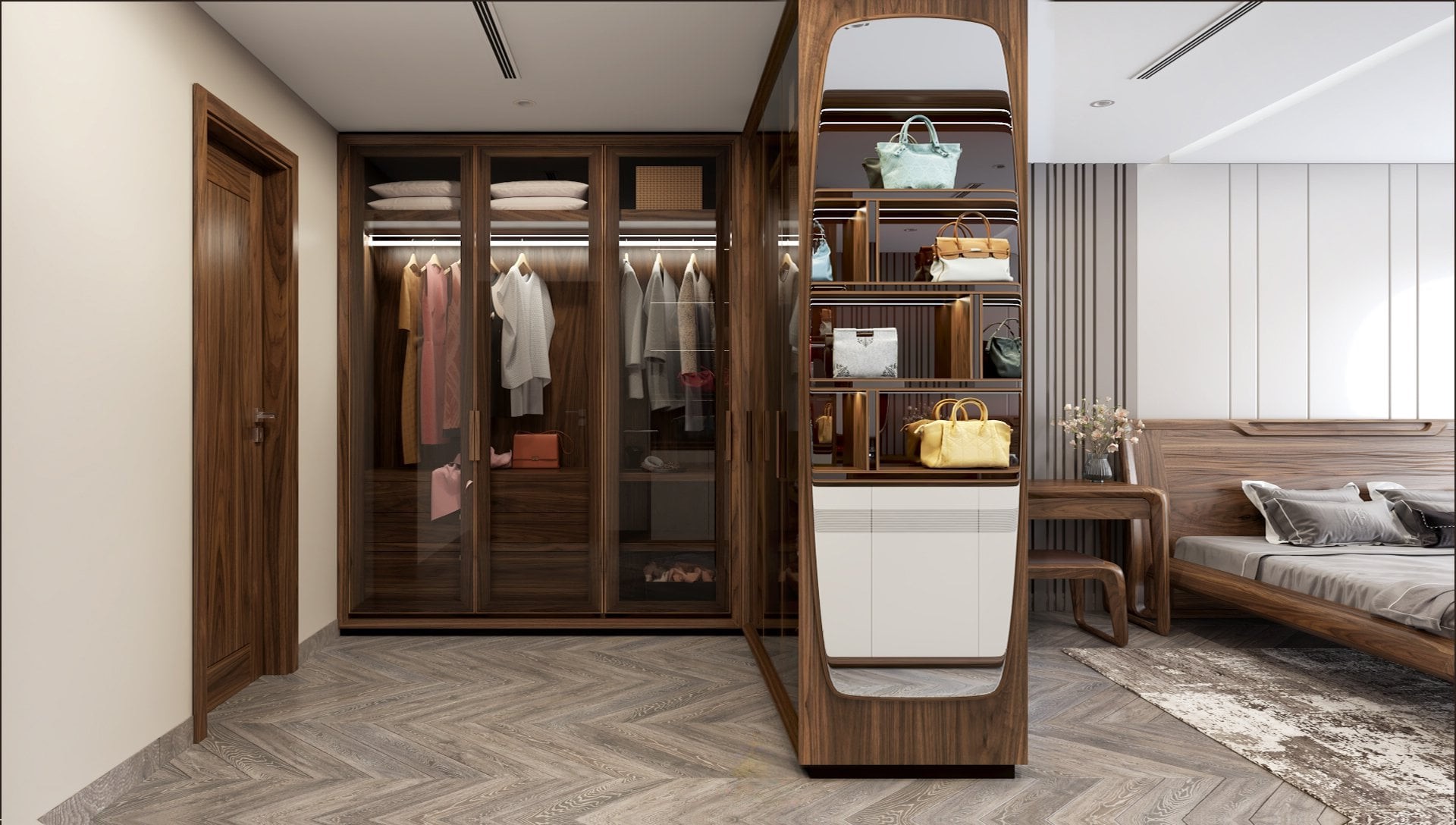 Tủ quần áo gỗ tự nhiên hiện đại chữ L với cánh kính trong suốt cao kịch trần