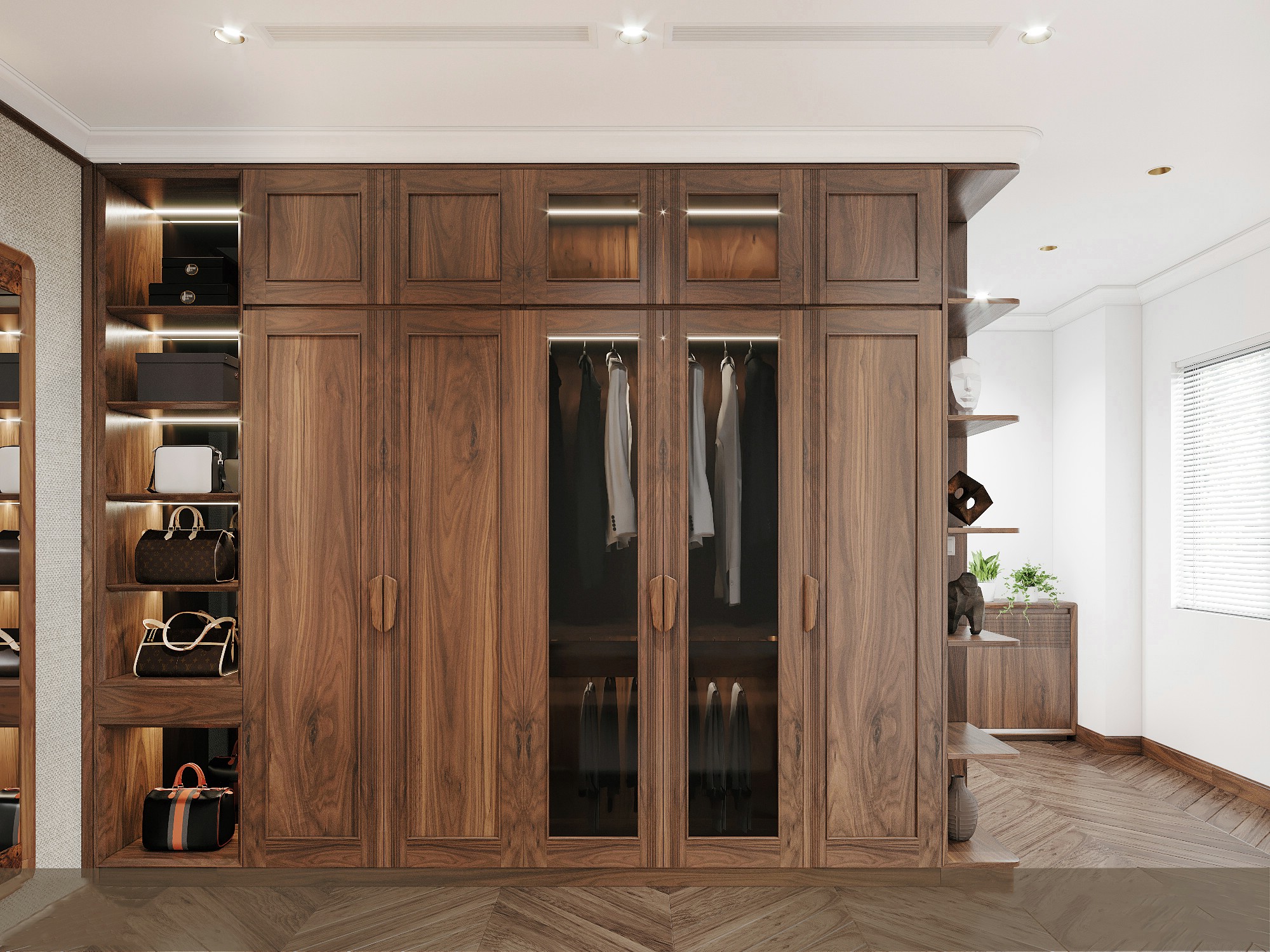 Tủ quần áo gỗ tự nhiên chữ I cao kịch trần kết hợp cánh kính và kệ trang trí