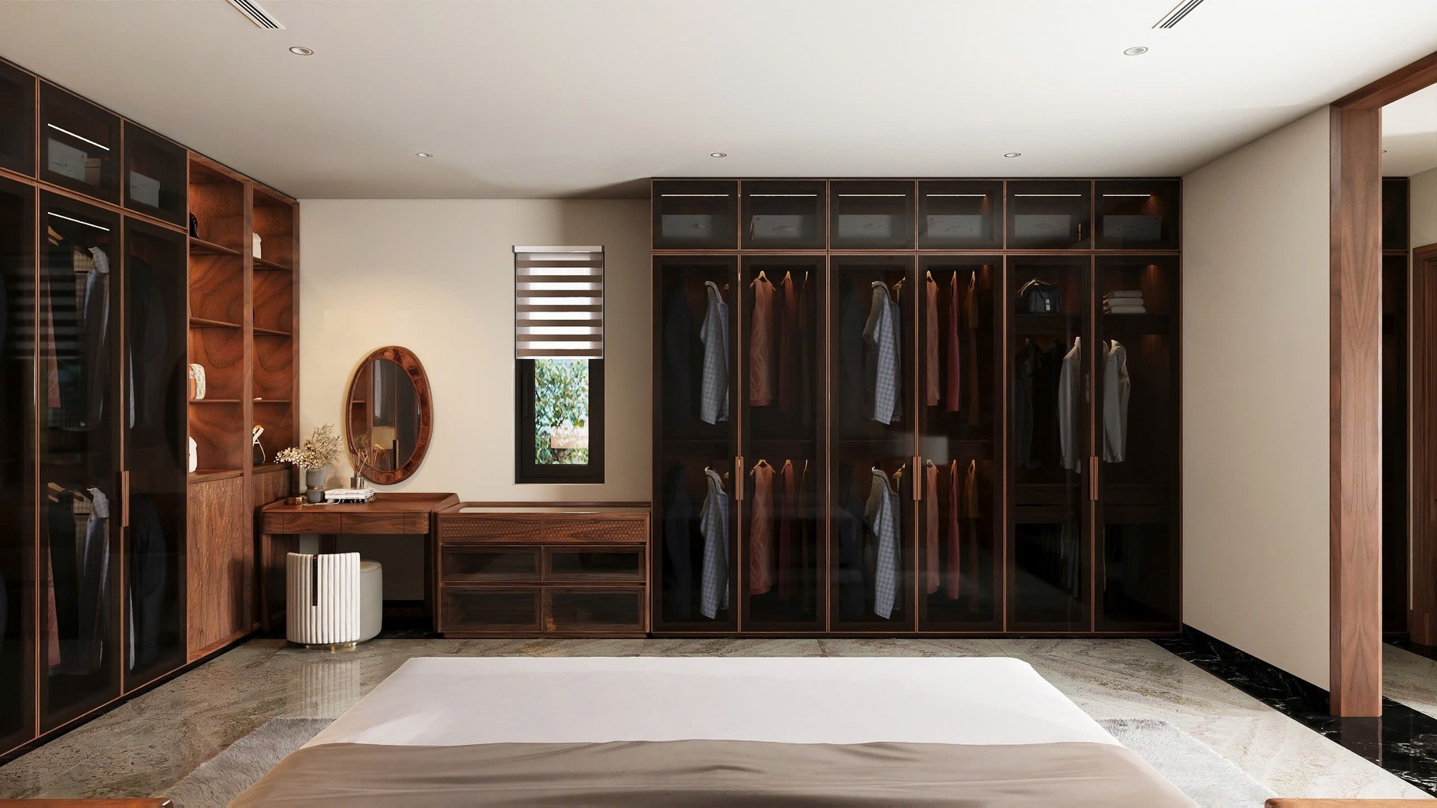 Tủ quần áo hiện đại sang trọng gỗ sồi Mỹ cánh kính tối màu