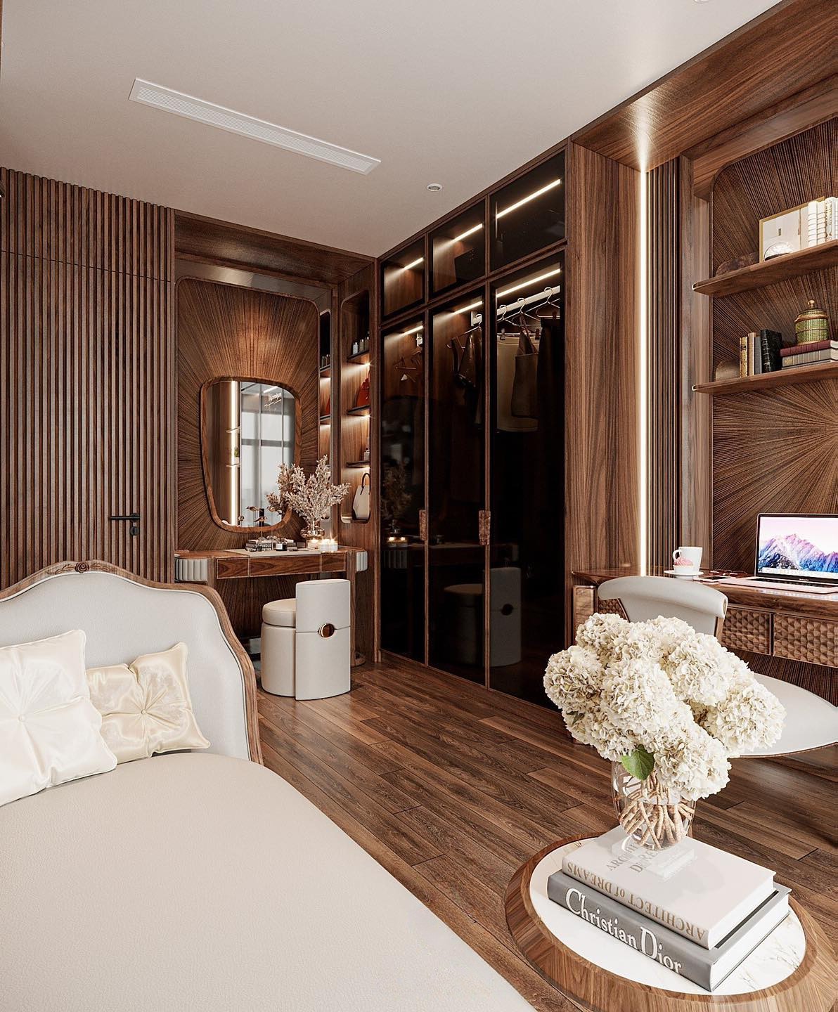 Tủ quần áo kết hợp bàn trang điểm đẹp hiện đại với cánh kính và bàn oval