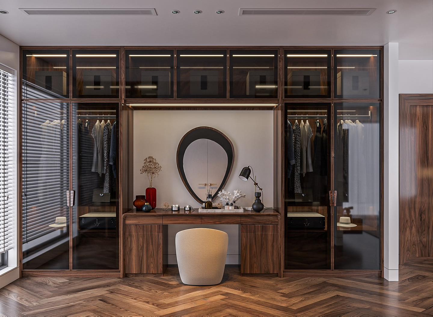 Tủ quần áo kết hợp bàn trang điểm gỗ óc chó âm tường