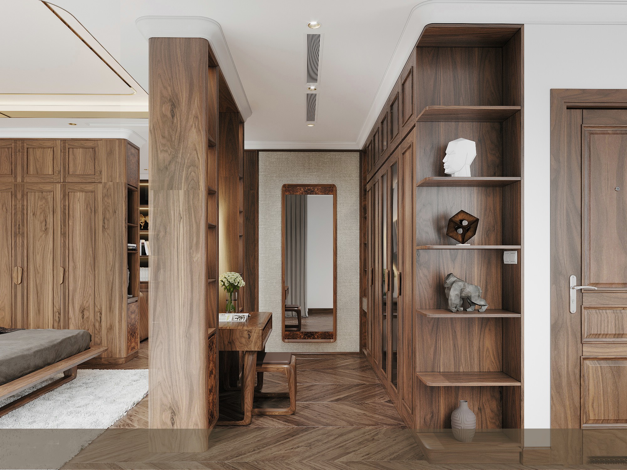 Tủ quần áo óc chó cao cấp với cánh kính và kệ trang trí hiện đại