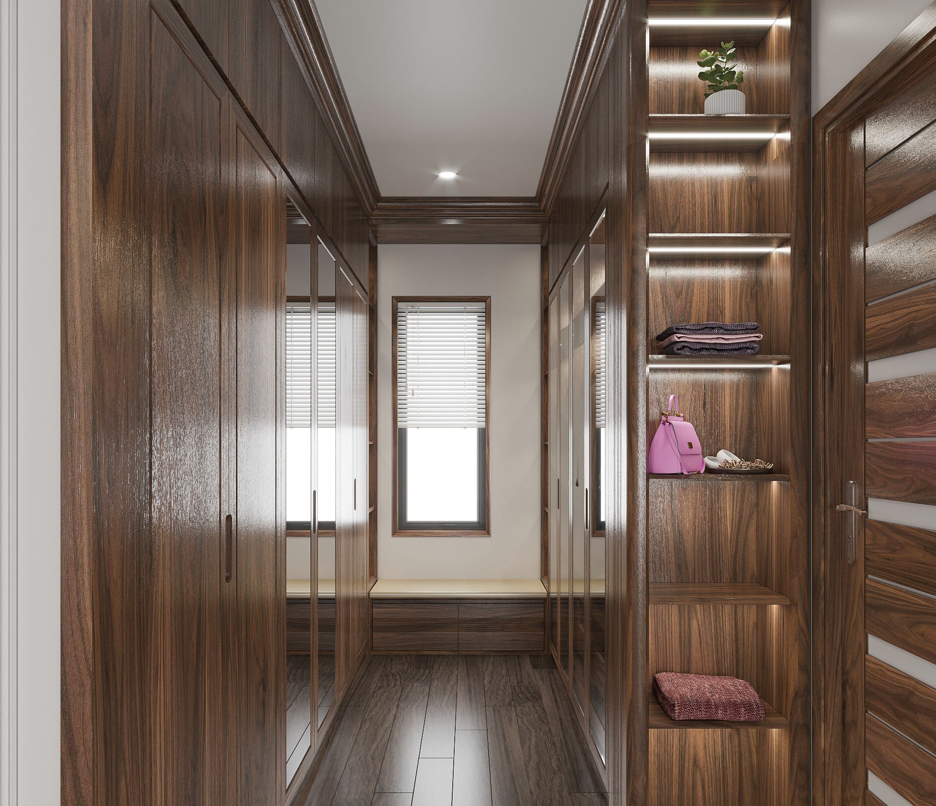 Tủ quần áo phòng ngủ hiện đại gỗ óc chó cao kịch trần