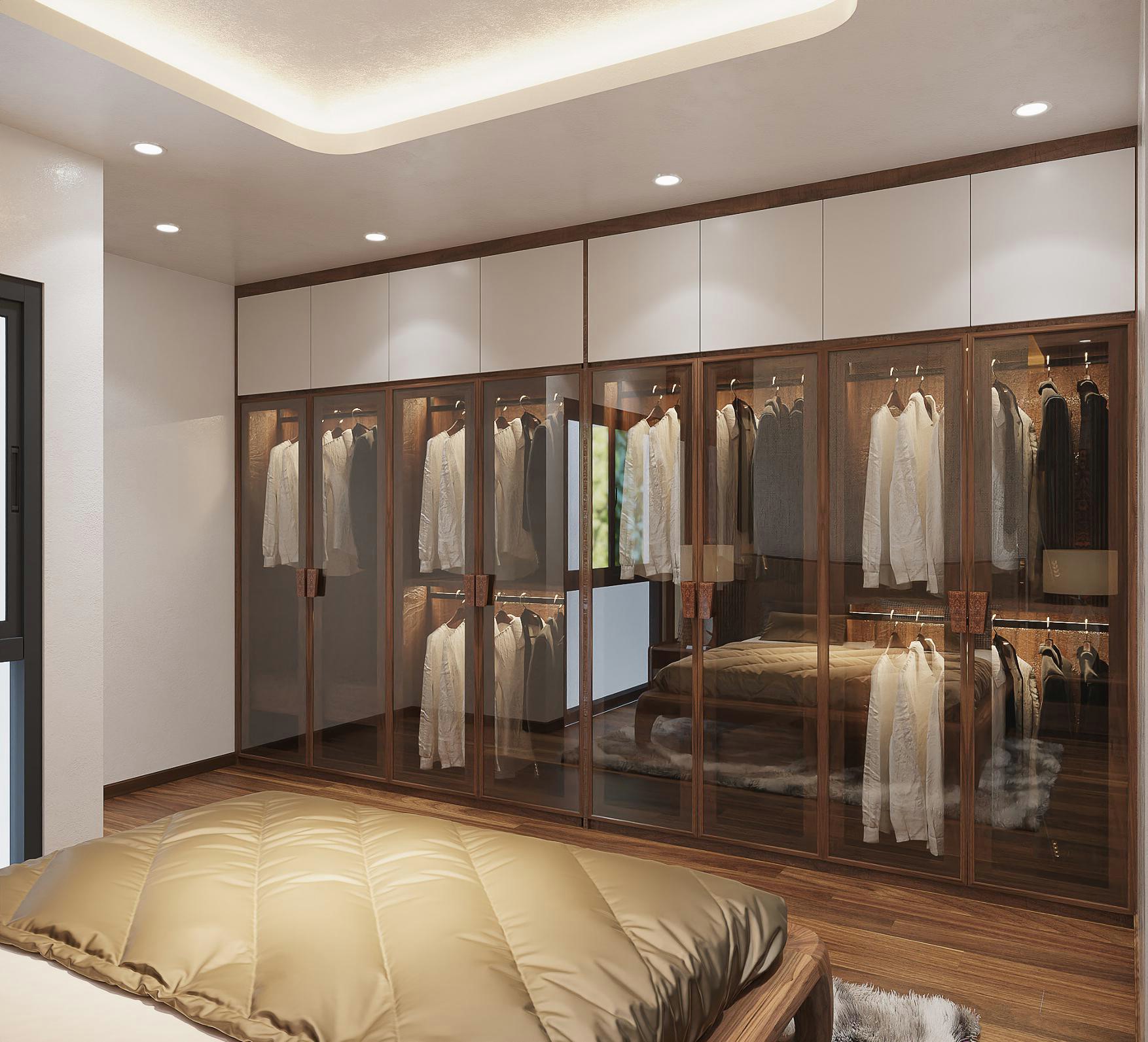 Tủ quần áo âm tường phòng ngủ kịch trần với hệ cánh kính và cánh acrylic trắng phối tay nắm gỗ