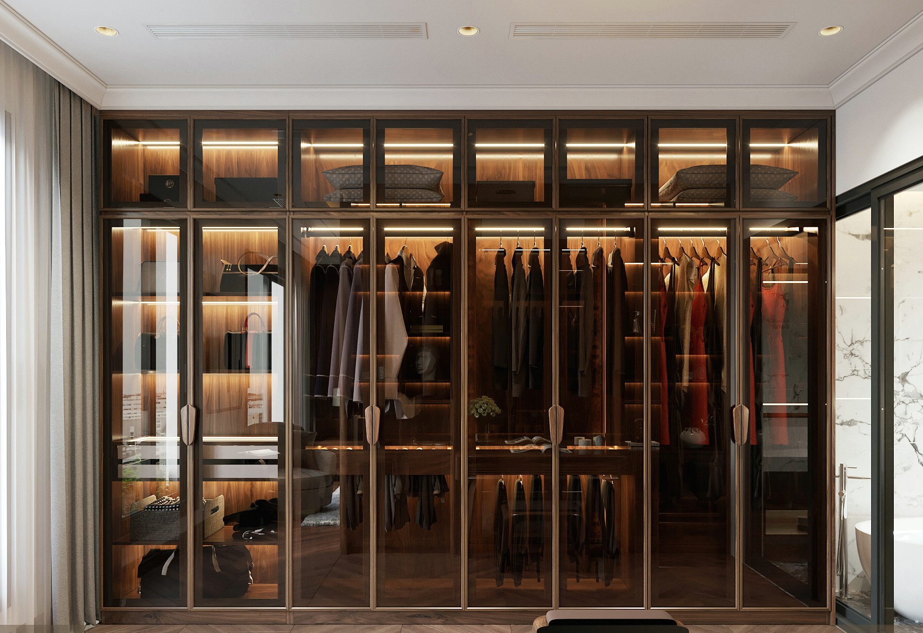 Tủ quần áo trong phòng ngủ với thiết kế cánh kính cường lực hiện đại
