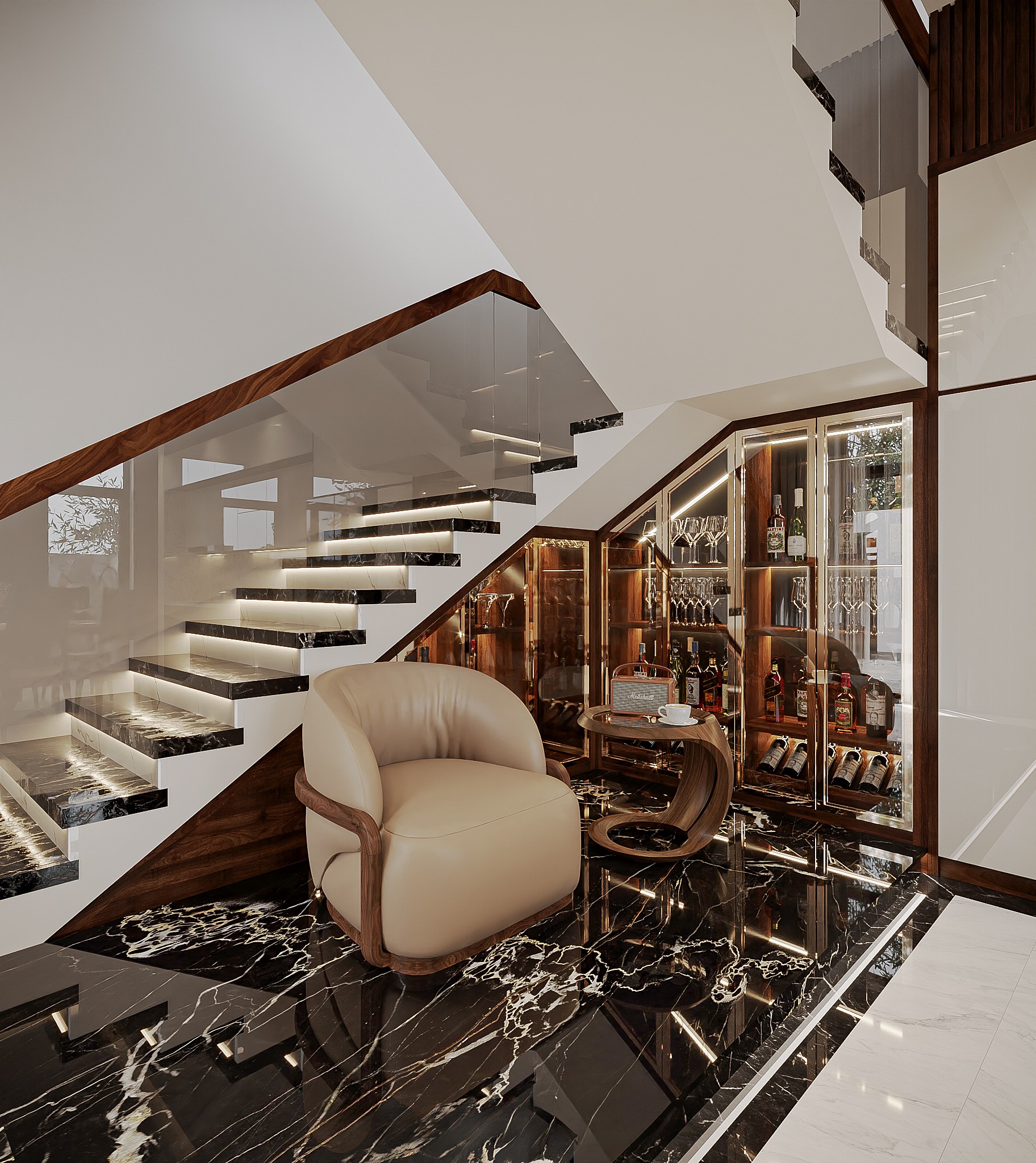 Tủ rượu cầu thang phòng khách chữ L veneer óc chó