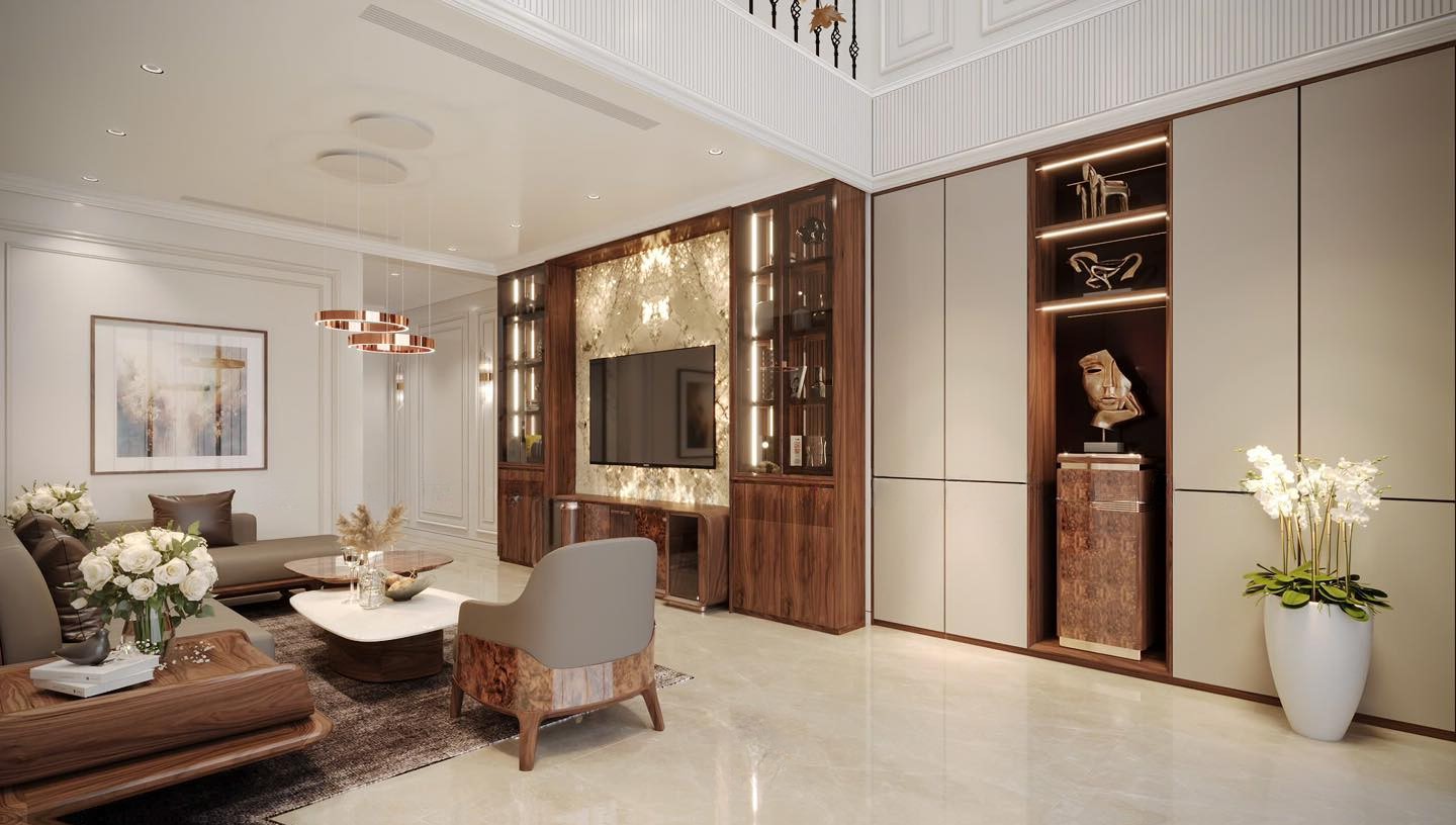 Tủ rượu đẹp phòng khách gỗ sồi cao kịch trần