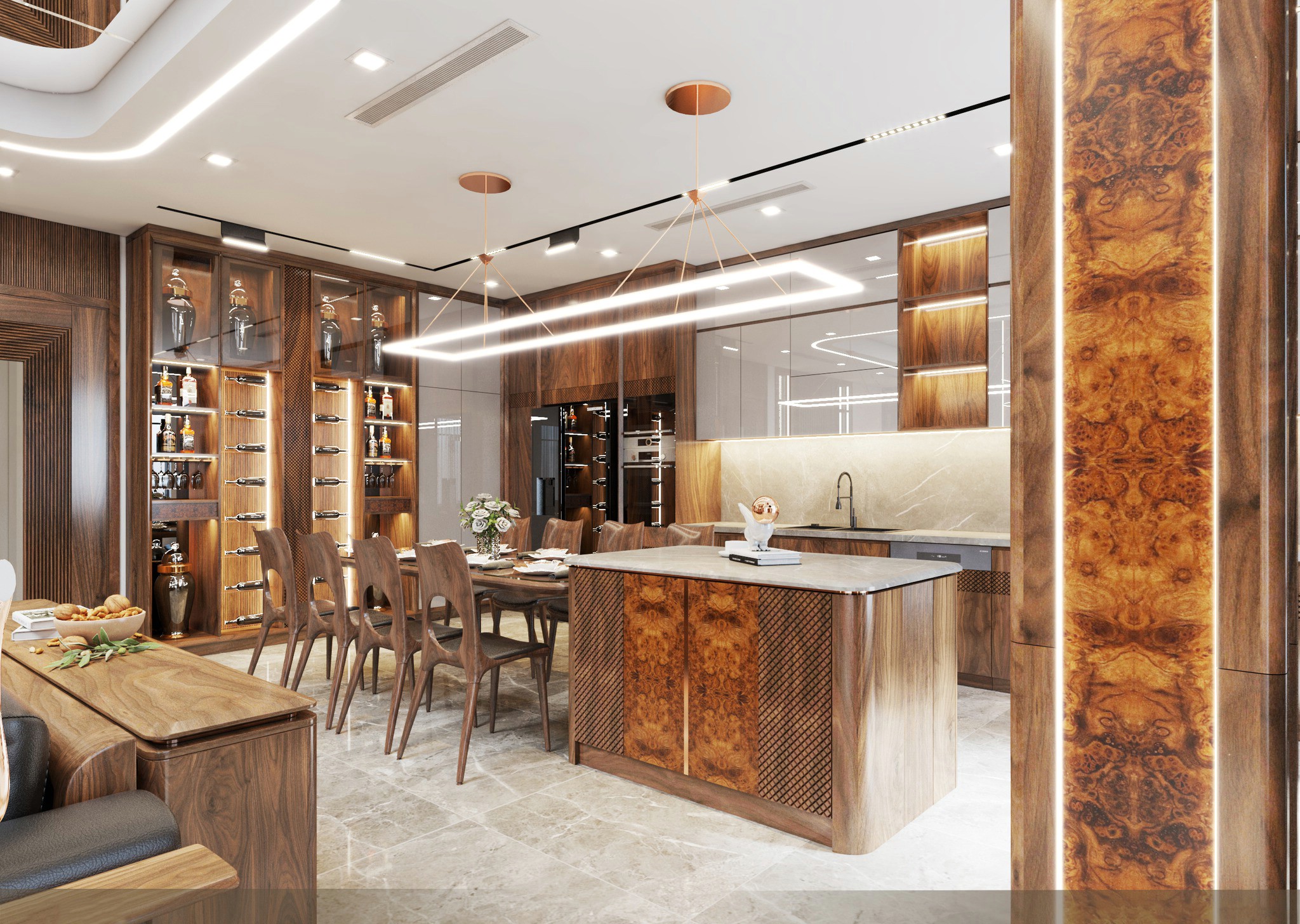 Tủ rượu gỗ đẹp gỗ óc chó cao kịch trần