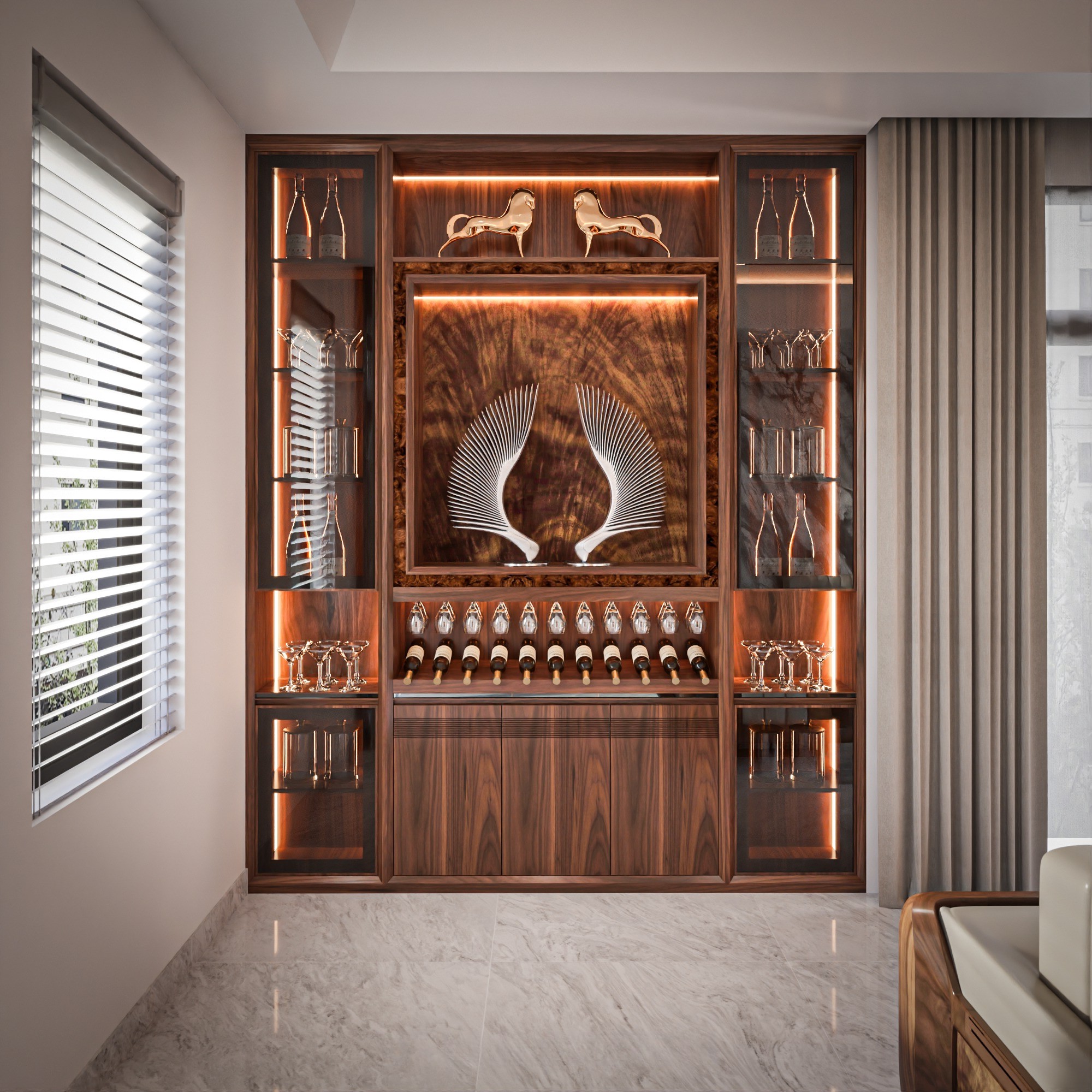 Tủ rượu gỗ tự nhiên chữ I cao kịch trần âm tường