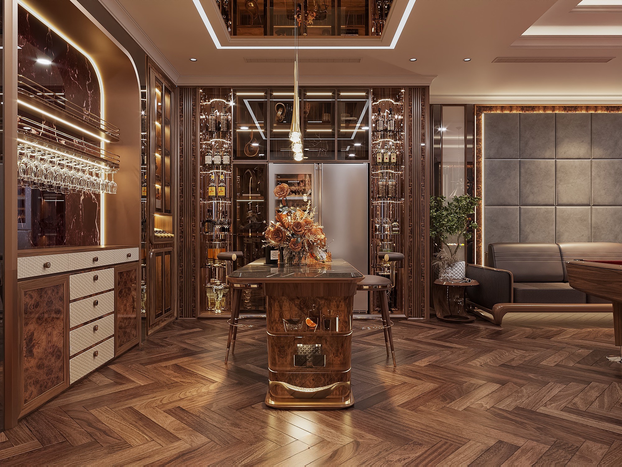 Tủ rượu góc tường hiện đại chữ L với tủ kính led và bàn bar mặt kính