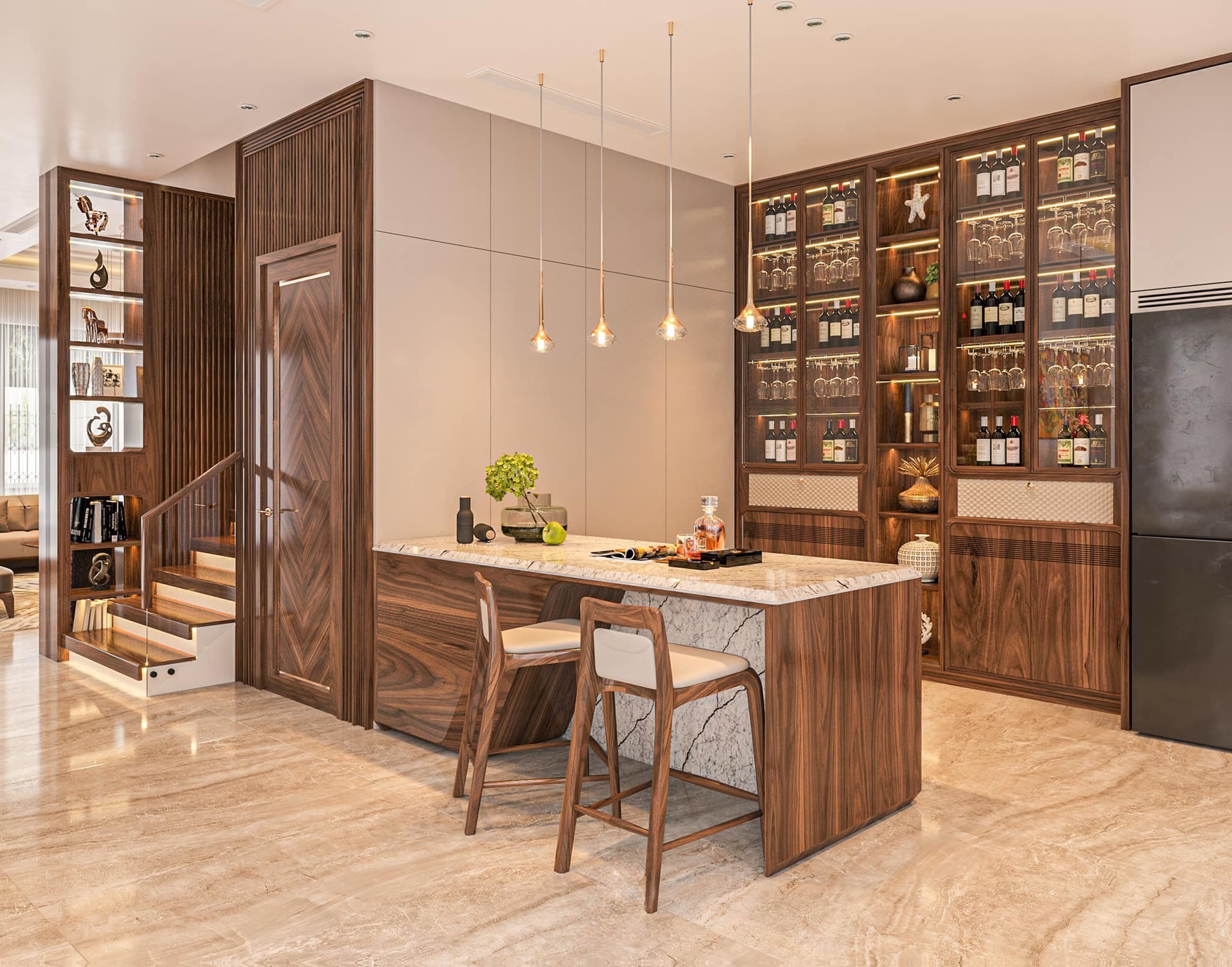 Tủ rượu hiện đại âm tường gỗ óc chó tự nhiên cao kịch trần