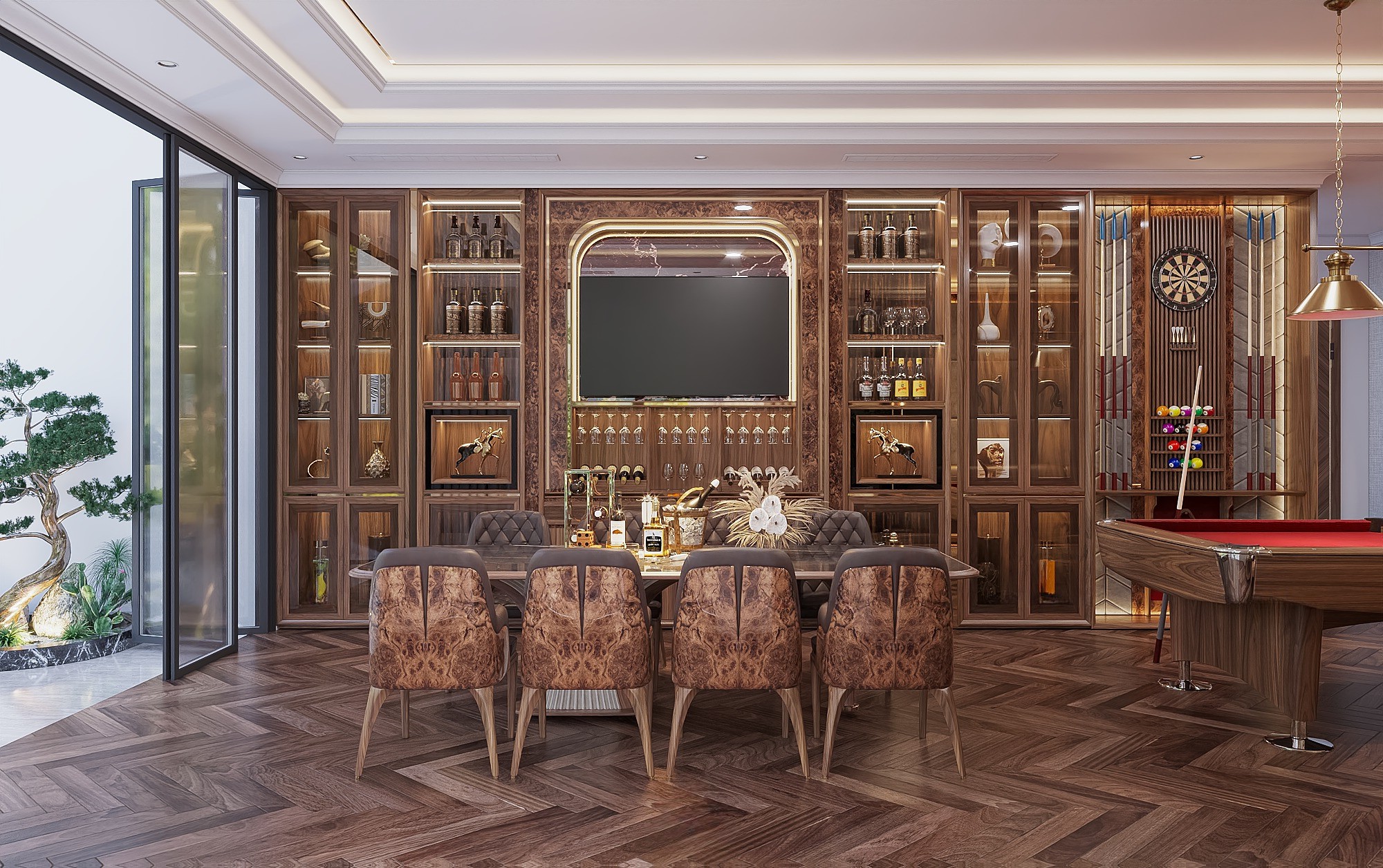 Tủ tivi kết hợp tủ rượu hiện đại gỗ óc chó cao kịch trần