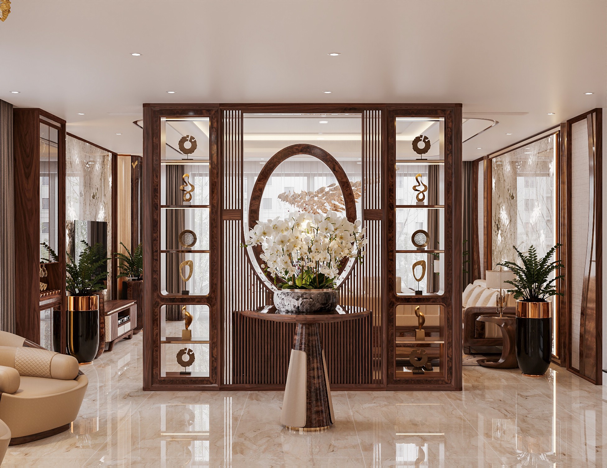 Tủ vách ngăn phòng khách khung veneer nu và kệ trang trí 6 tầng viền vàng đồng