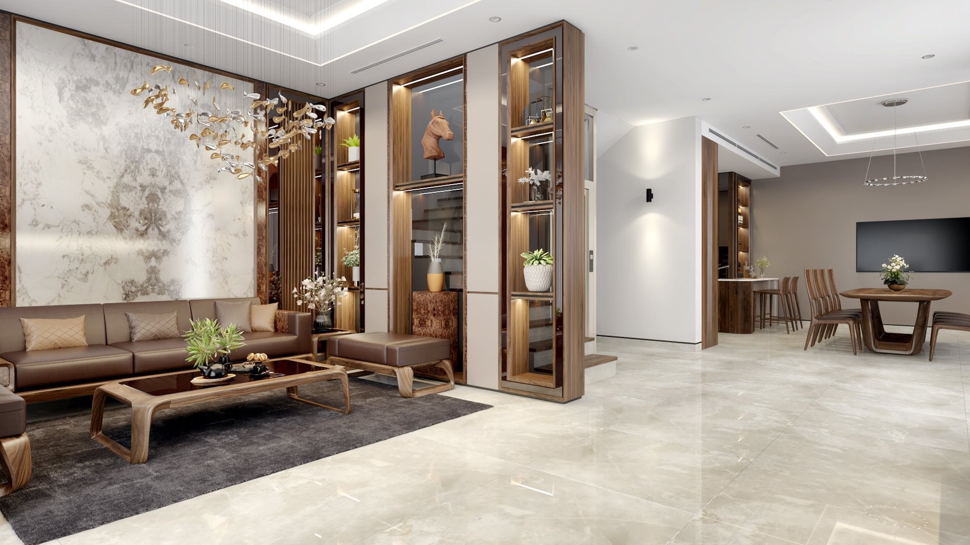 Vách ngăn gỗ phòng khách cao trần với các tầng kệ và mặt kính trang trí