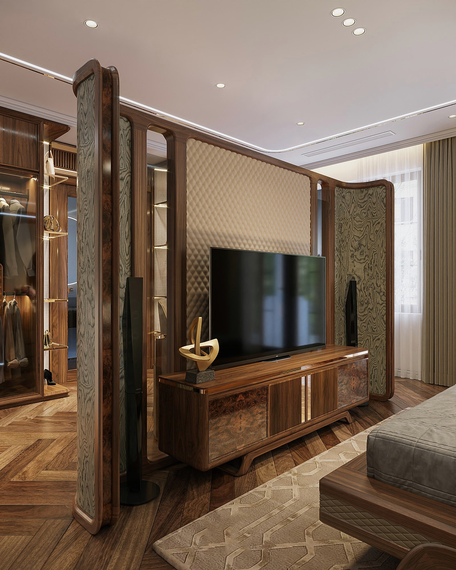 Vách ngăn phòng bằng gỗ óc chó tự nhiên thiết kế vòm cung kết hợp kính và nệm vải