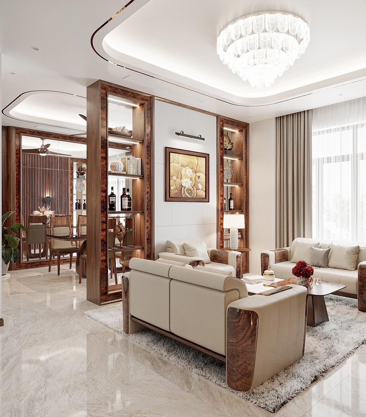 Vách ngăn phòng bếp hiện đại cao kịch trần chất liệu gỗ công nghiệp phủ laminate