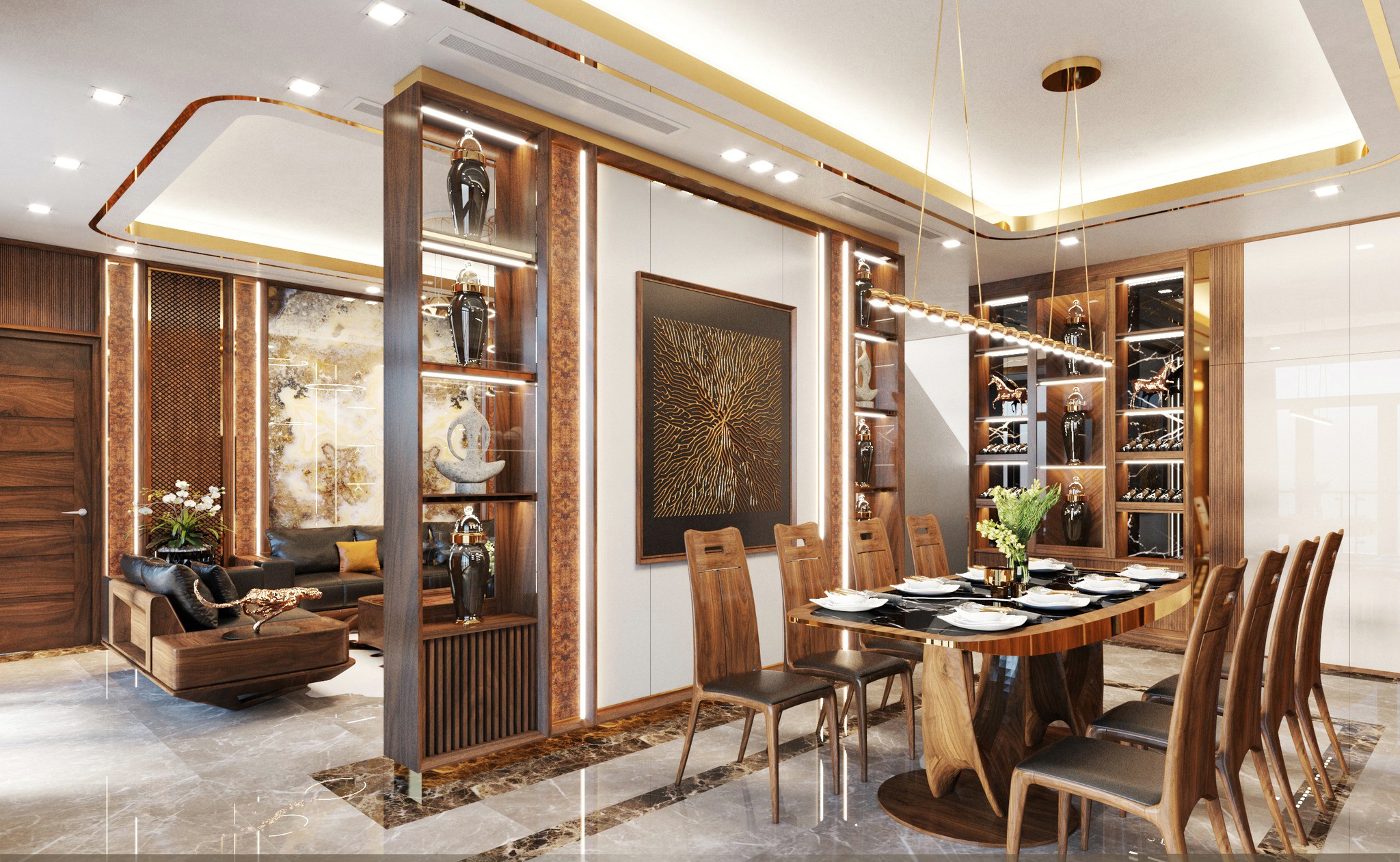 Vách ngăn phòng khách khung gỗ veneer óc chó, kệ 5 tầng, ốp trắng giữa