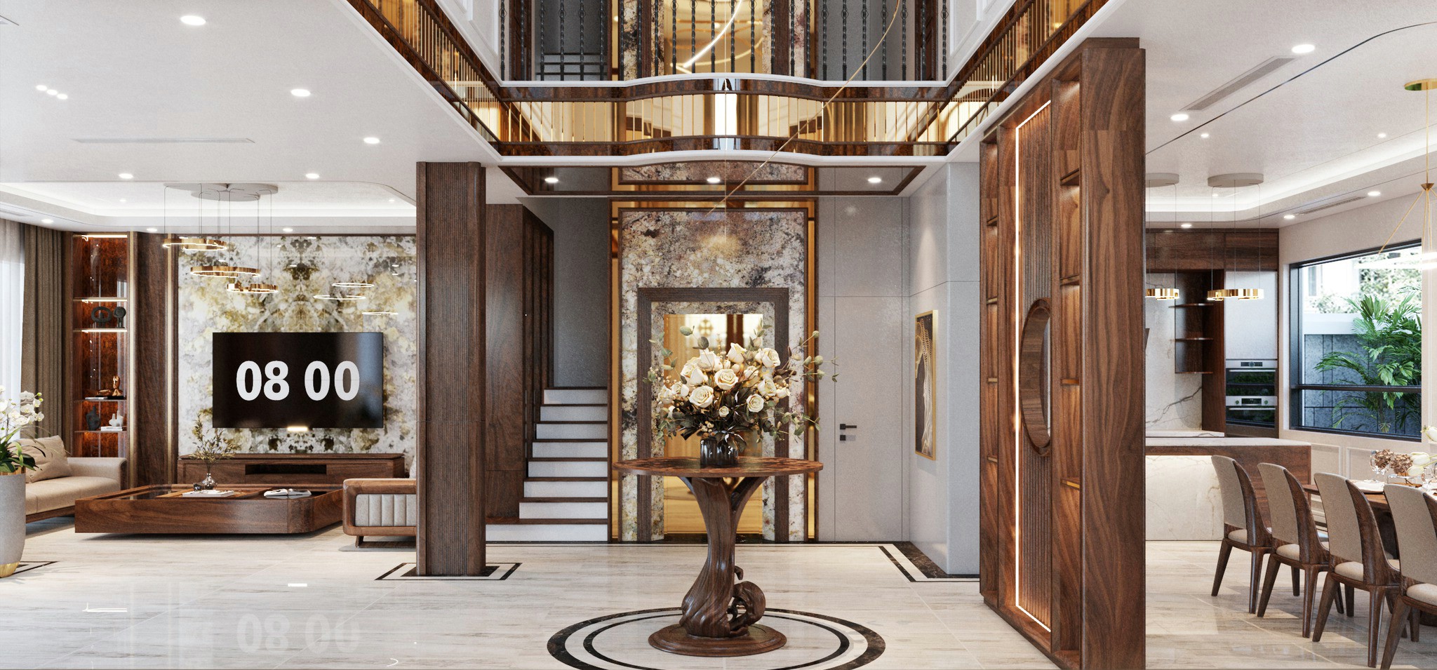 Vách ngăn phòng khách bếp gỗ sồi tự nhiên cao kịch trần